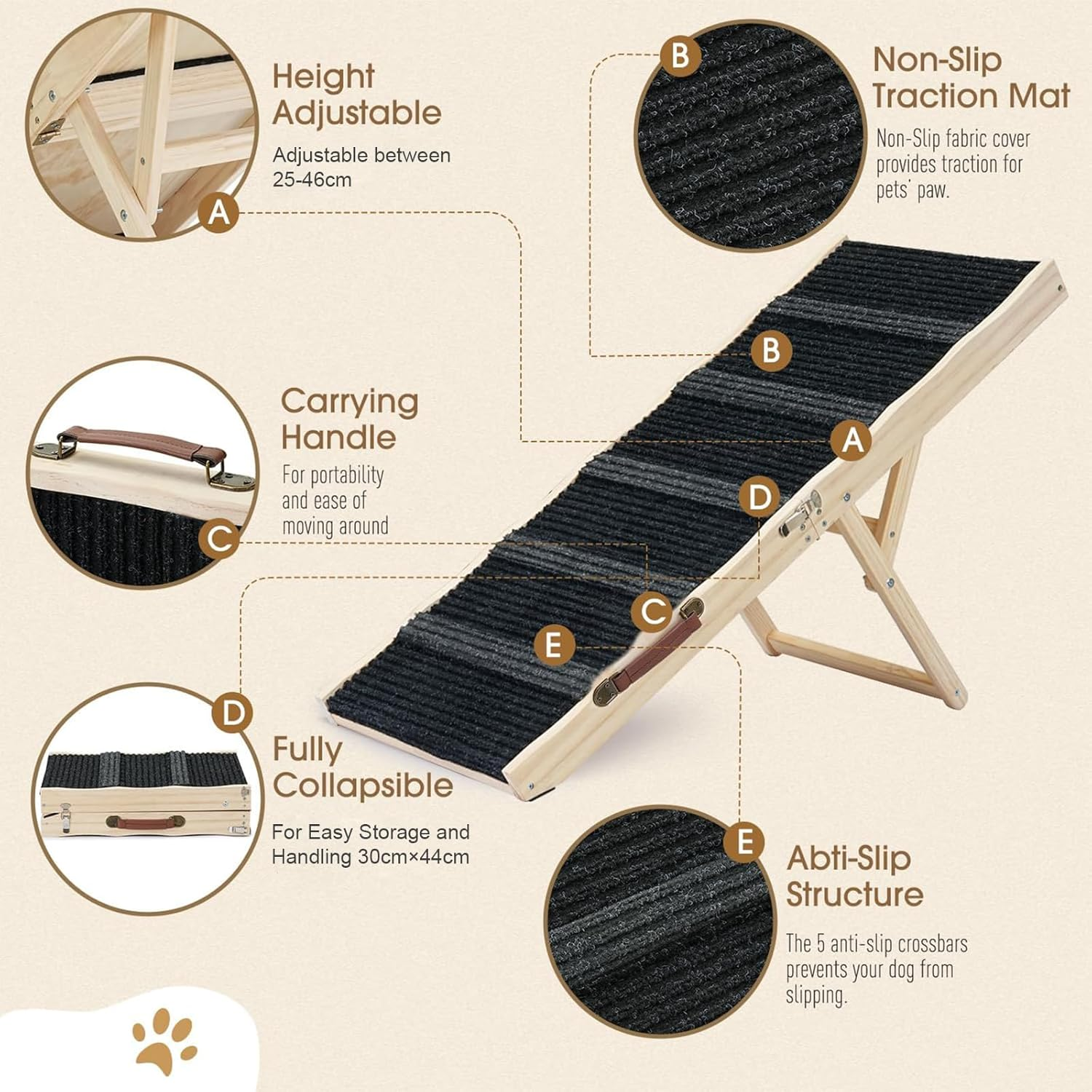 Dog Ramp, Adjustable Portable Folding Pet Stairs for Bed, Couch & Car, Non-Slip Wooden Surface, 83Cm Long, Supports Small to Large Dogs, Elderly Pets (Black, 83Cmx30Cm) image number 3
