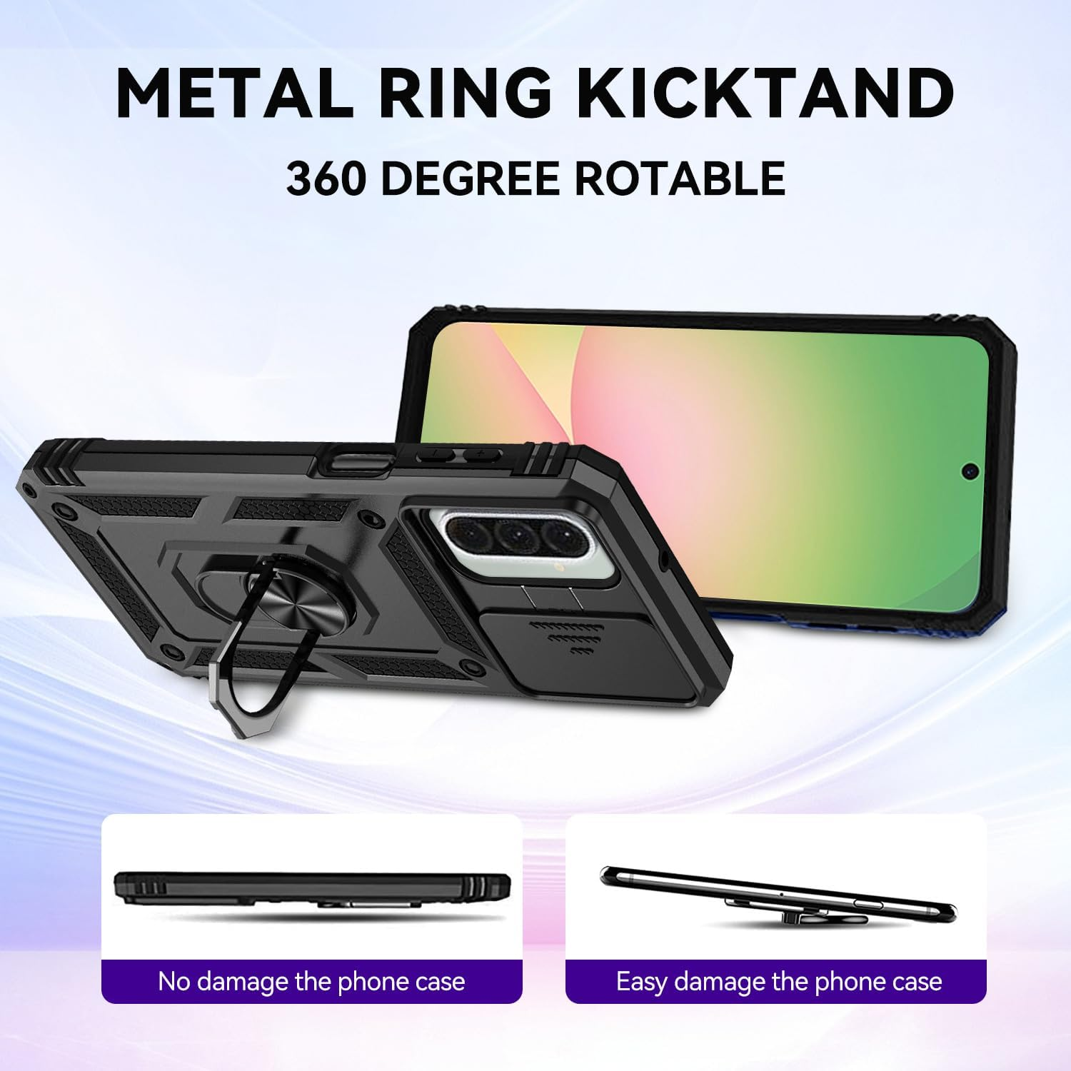 T Tersely Shockproof Case Cover for Samsung Galaxy A36/A56 5G (2025), Anti-Fall Drop Protection, Built-In Slide Anti-Scratch Camera Lens Cover, Integrated 360 Degree Rotating Ring Kickstand, Black image number 3