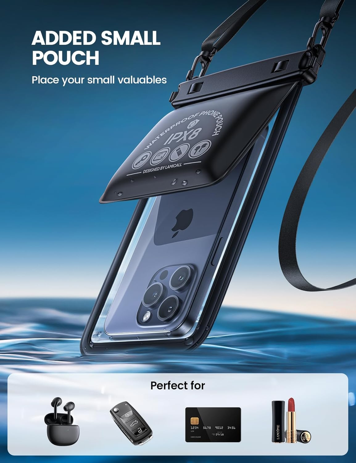 Lamcall 2Spaces Waterproof Phone Pouch Bag - 7.5" Waterproof Smartphone Case with Lanyard, IPX8 Cell Phone Dry Bag Beach Essentials for Iphone 17 Pro Max Air 16/Plus/15/14/13, Galaxy 24/23/22, 4-7.5" image number 4
