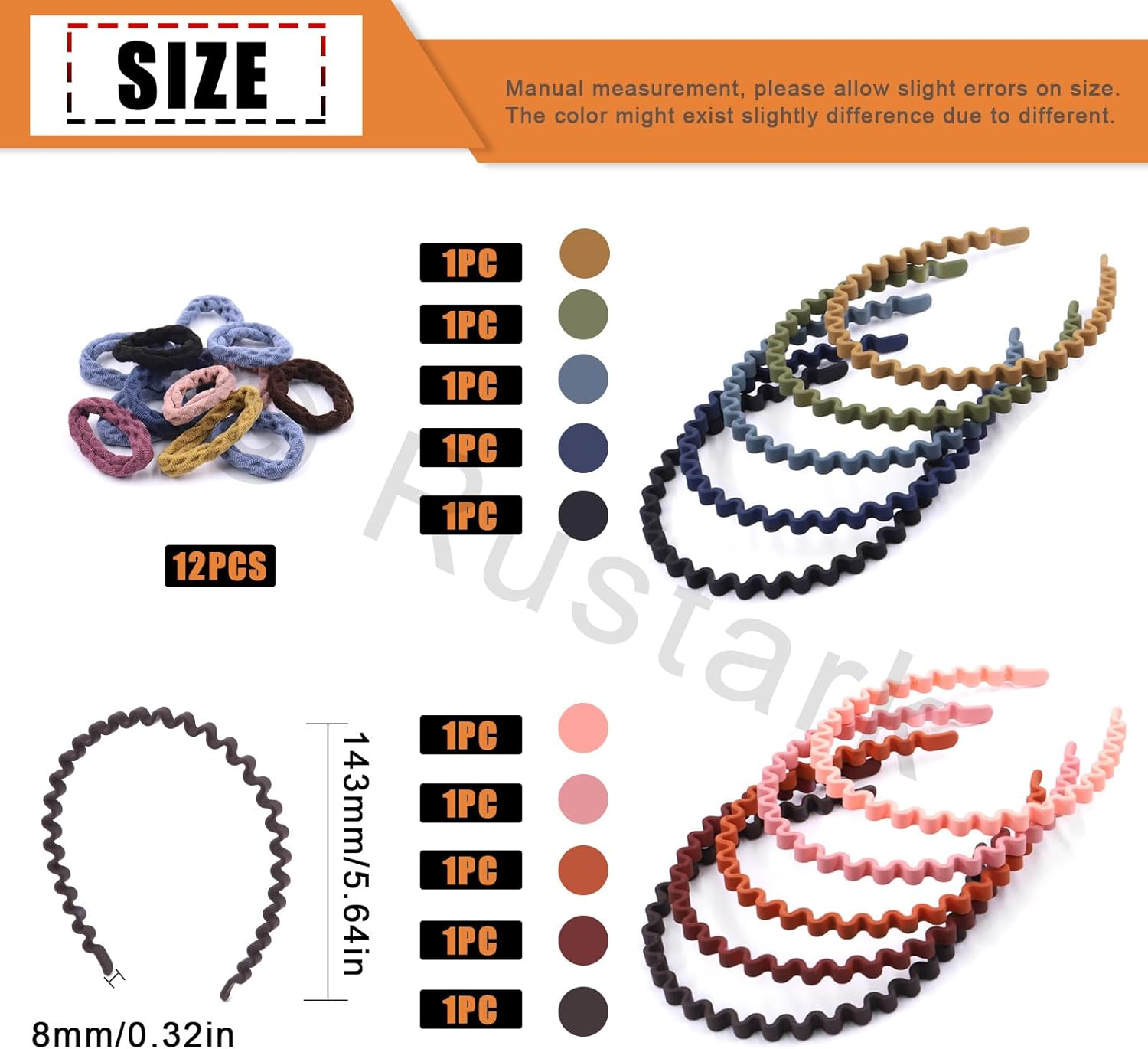 Rustark 12Pcs Colorful Plastic Wavy Hairbands Assortment Kit with 12Pcs Hair Ties, Spring Wavy Hair Hoop Skinny Plastic Headbands with Teeth Fashion Hairbands for Women Non Slip image number 2