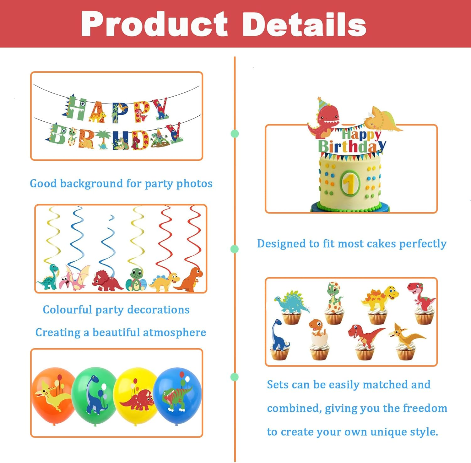 44Pcs Dinosaur Birthday Decorations for Boys Home Dinosaur Party Balloons,Happy Birthday Banner Bunting,Cake Toppers,Dinosaur Hanging Swirls for Kids Baby Shower Cartoon Dino Theme Party Supplies image number 5