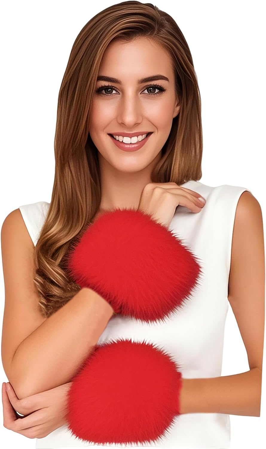 Lina & Lily Women'S Winter Wrist Cuffs Warmers Faux Fur Fluffy - Beige image number 3