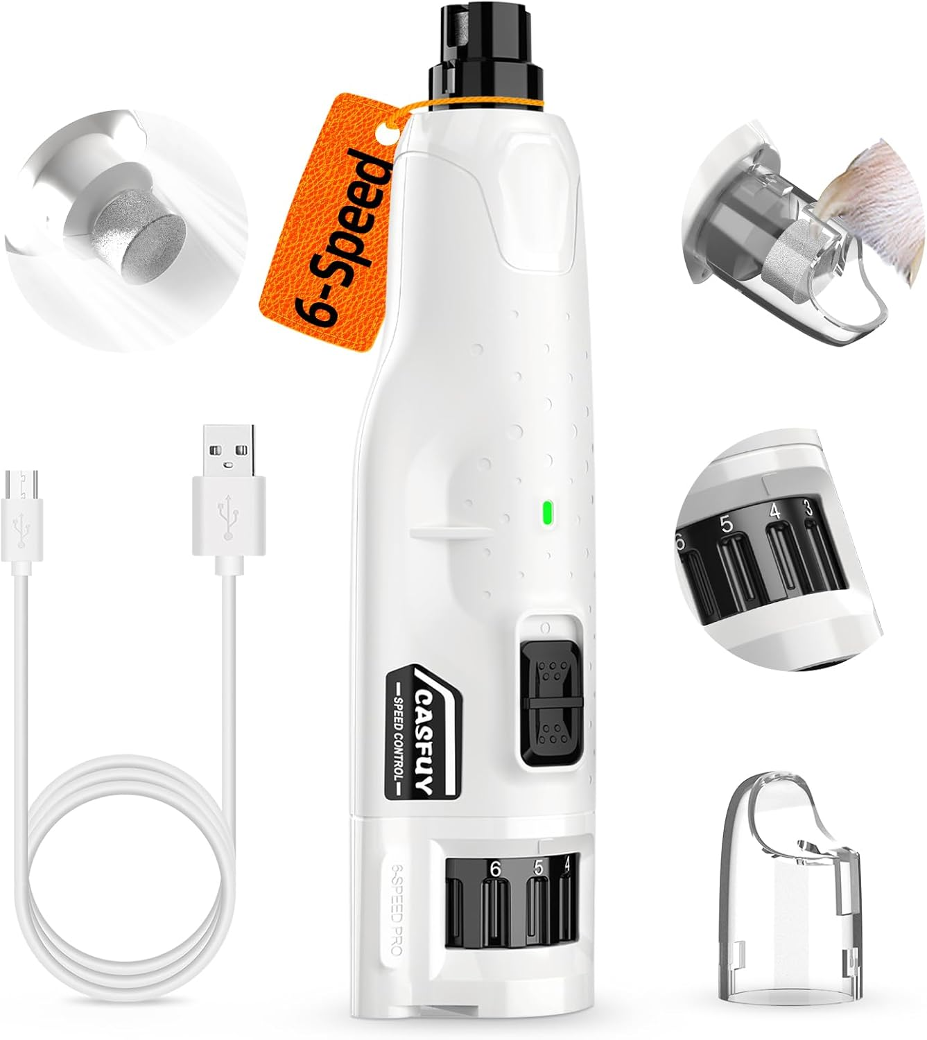 Casfuy Dog Claw Grinder - (45Db) 6 Speed Pet Claw Grinder with 2 LED Lights for Large, Medium and Small Dogs and Cats, Electric Dog Claw Cutter with Dust Cap