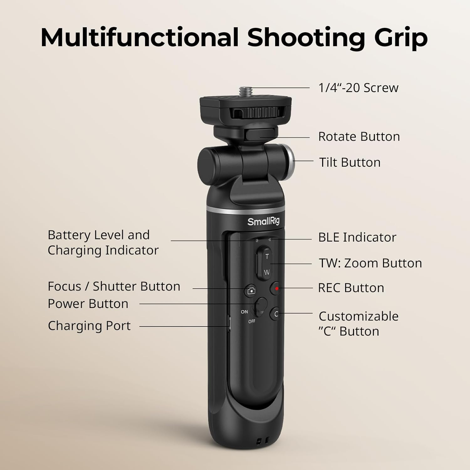 Smallrig SR-RG2 Multifunctional Wireless Shooting Grip, Adjustable Selfie Stick, Remote Control Camera, for Nikon, for Canon, for Sony Cameras, for Vlogging, Live Streaming, Daily Filming - 4551