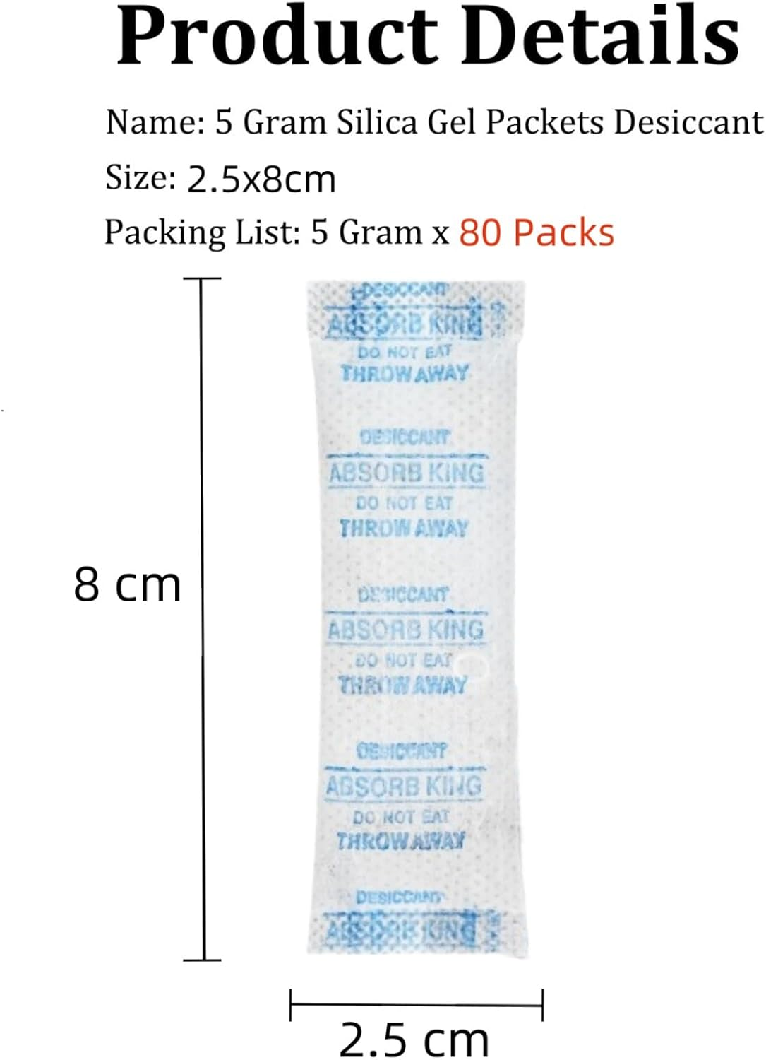 5 Gram (80 Pack) Silica Gel Packets，Rechargeable Moisture Absorbers Dehumidifiers for Food Storage, 3D Filament，Jewelry, Shoeboxes, Electronics Storagejewelry(Food Grade Desiccant) image number 1