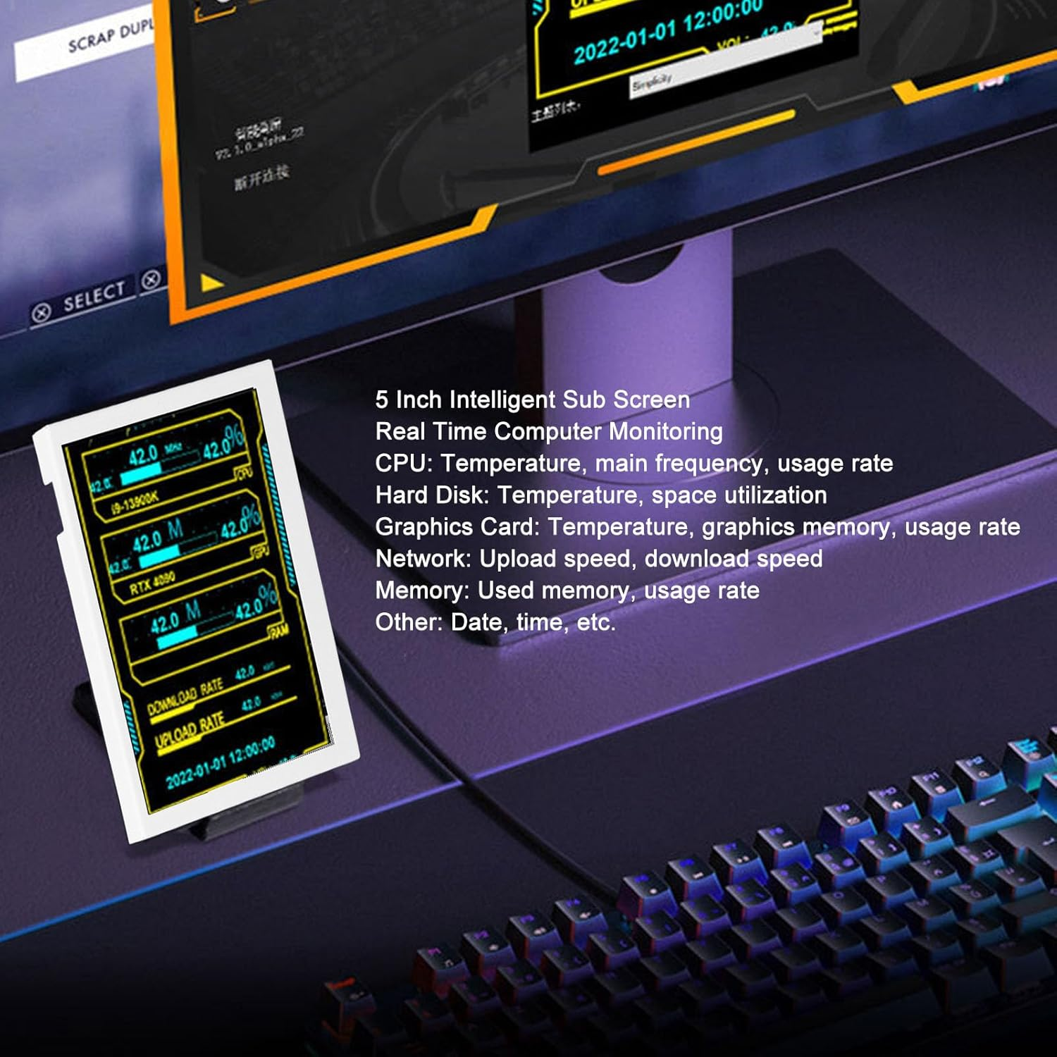 IPS USB Mini Screen, 12.7Cm Temperature Display Monitor, 800X480 Resolution, Aluminium Alloy, White, Type C Interface image number 6