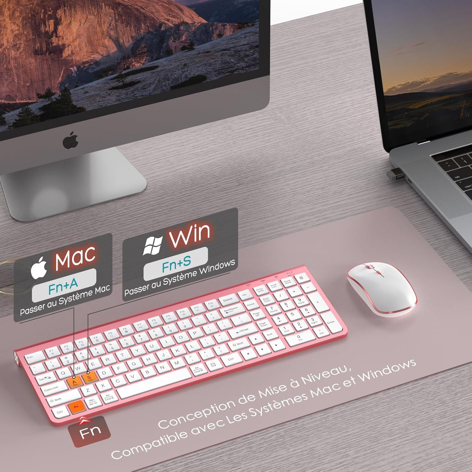 JOYACCESS Pink Wireless Keyboard and Mouse, Typewriter Keyboard Wireless, Ergonomic and Quiet Computer Mouse for for Desktop/Pc/Laptop/Surface/Smart TV and Windows 10/8/ 7 image number 4