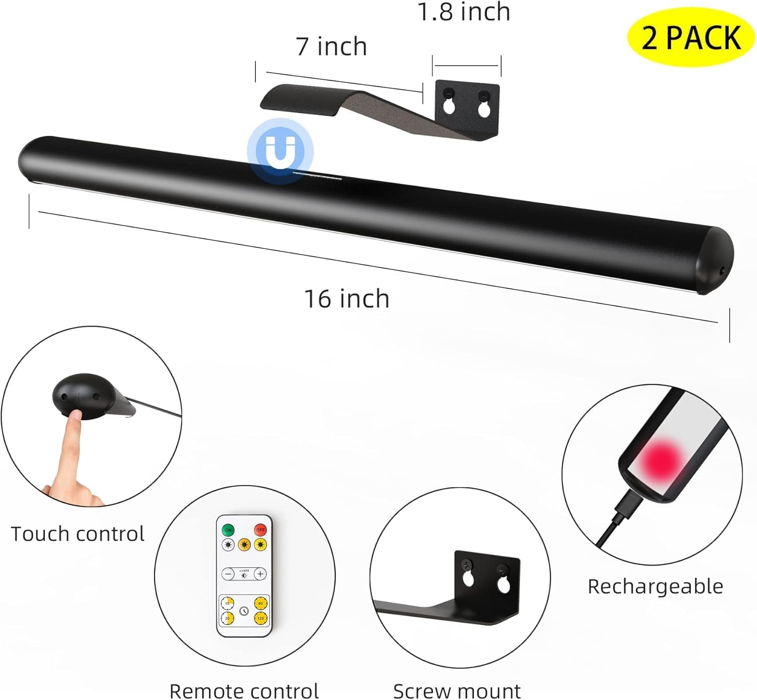 DIUDIUGUN Wireless Picture Light, 16'' Painting Light with Remote,Recahrgeable Magnetic Timer Art Lamp with Dimmable for Picture Painting Dartboard Gallery Art (Black) image number 1