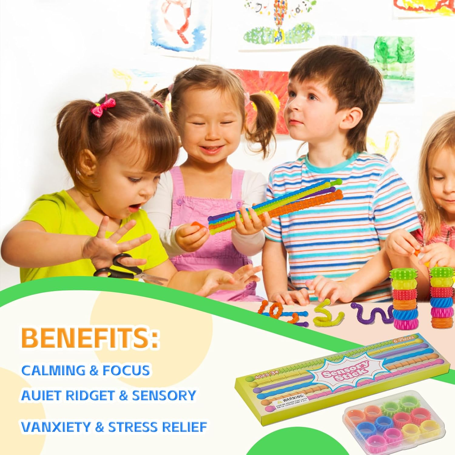 18 Pack Fidget Toys Kids Sensory Rings, Textured Stretchy String, Sensory Toys for Kids with Autism - Quiet Anxiety Fidgets for Classroom image number 2