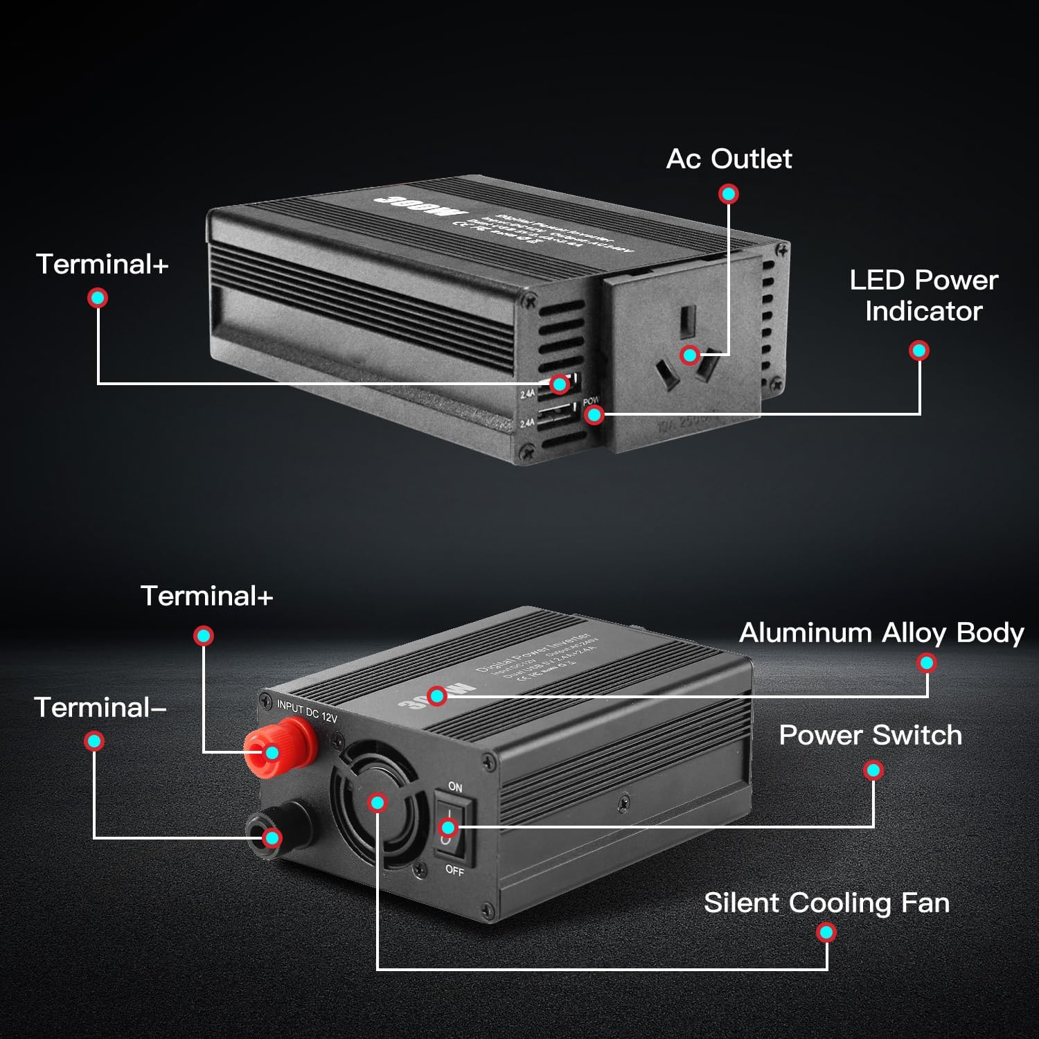 300W Pure Sine Wave Power Inverter DC 12V to AC 240V Car Plug Inverter Adapter Power Converter with 2.4A Dual USB Charging Ports and AC Outlets Car Charger for Smartphones Laptops Tablets,Etl Listed image number 3