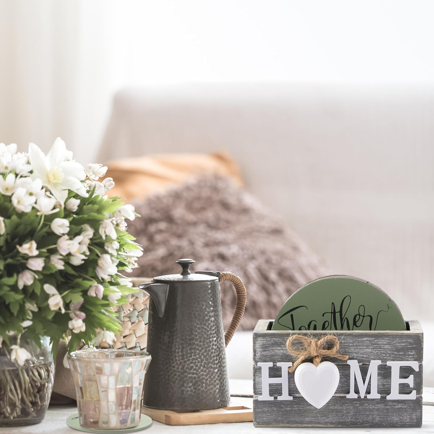 Wood Coasters with Holder,Wooden Coasters for Glasses Drinkings Coffee Table Desk round with Non-Slip Pad Cup Coasters for Home Office Christmas Decor 10 CM (6-Pack Farm House) - 6-Pack Farmhouse image number 6