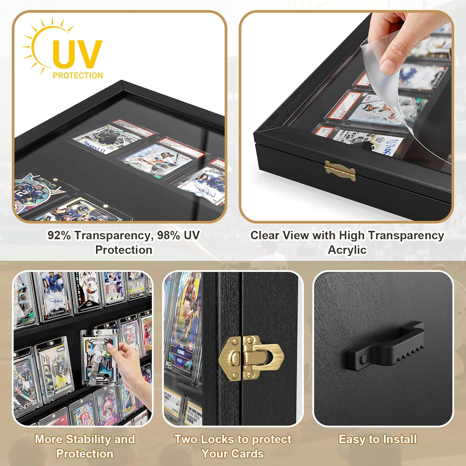 Baseball Card Display Case for 35 Graded Sports Cards Display, Large Clear View Trading Card Display Frame, Lockable Wall Cabinet for Basketball Football Hockey Trading Cards，Black image number 2