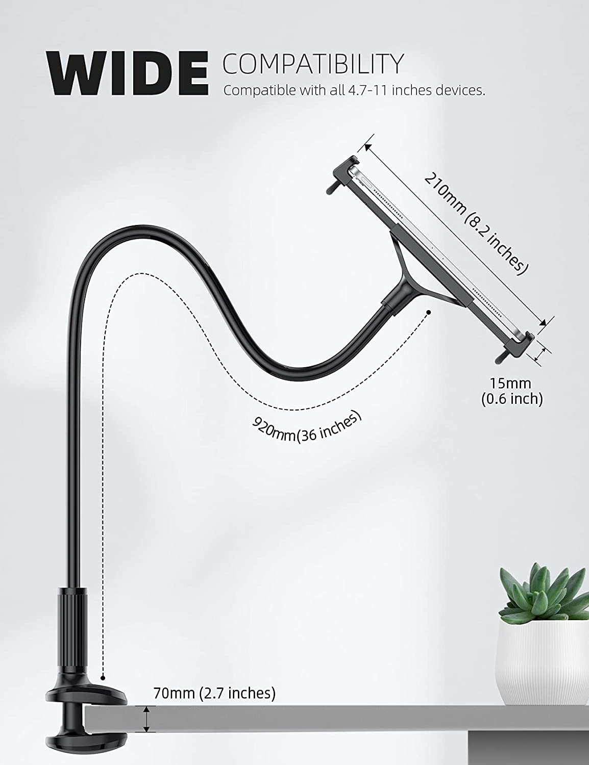 Lamicall Gooseneck Tablet Holder Mount : Flexible Arm Clip I Pad Stand for Bed, Tablet Mount for Desk Table, Compatible with Ipad Pro 11", Mini Air, Galaxy Tabs More 4.7 to 10.5" Phones and Devices - Black image number 3