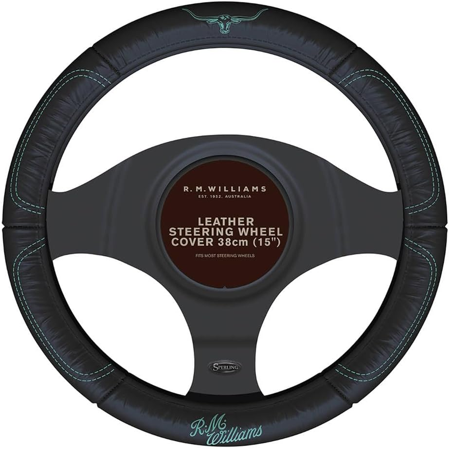 Sperling RM Williams RMW 15'' Car Leather Steering Wheel Cover Aqua 38Cm