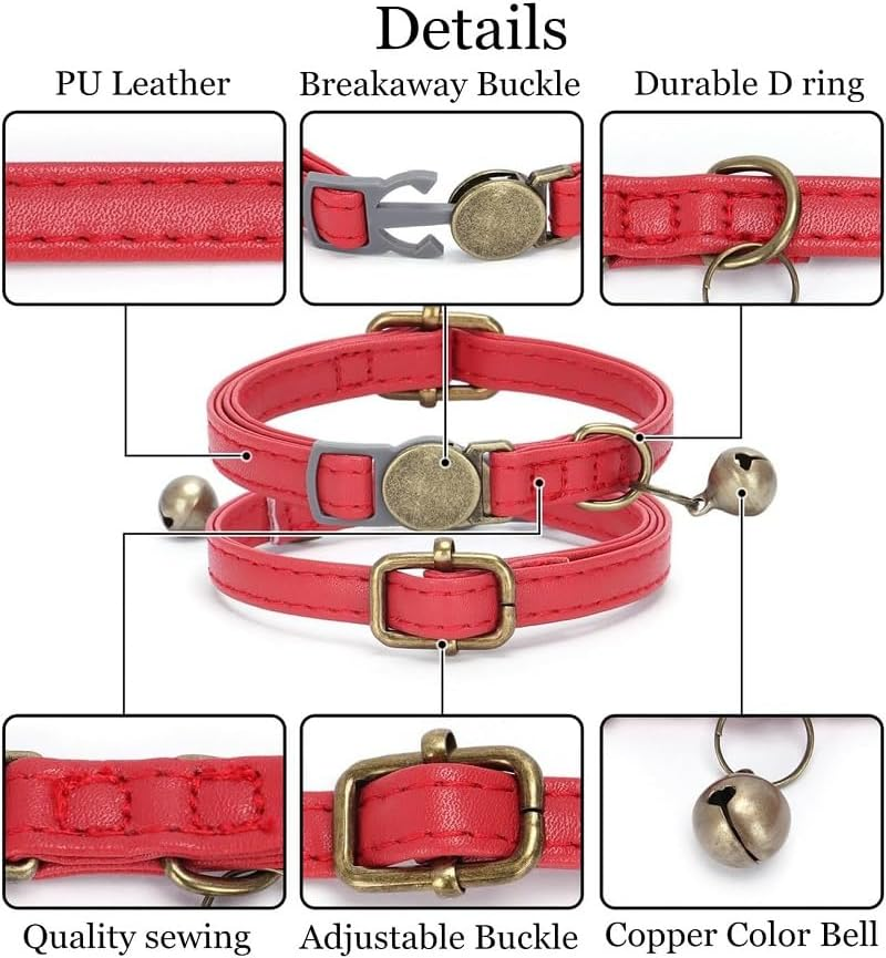 Leather Cat Collar with Bell Breakaway- Adjustable, Durable, Retro Bell Fit Most Cats and Kittens (Dark Green, 1.0 * 30CM) image number 3