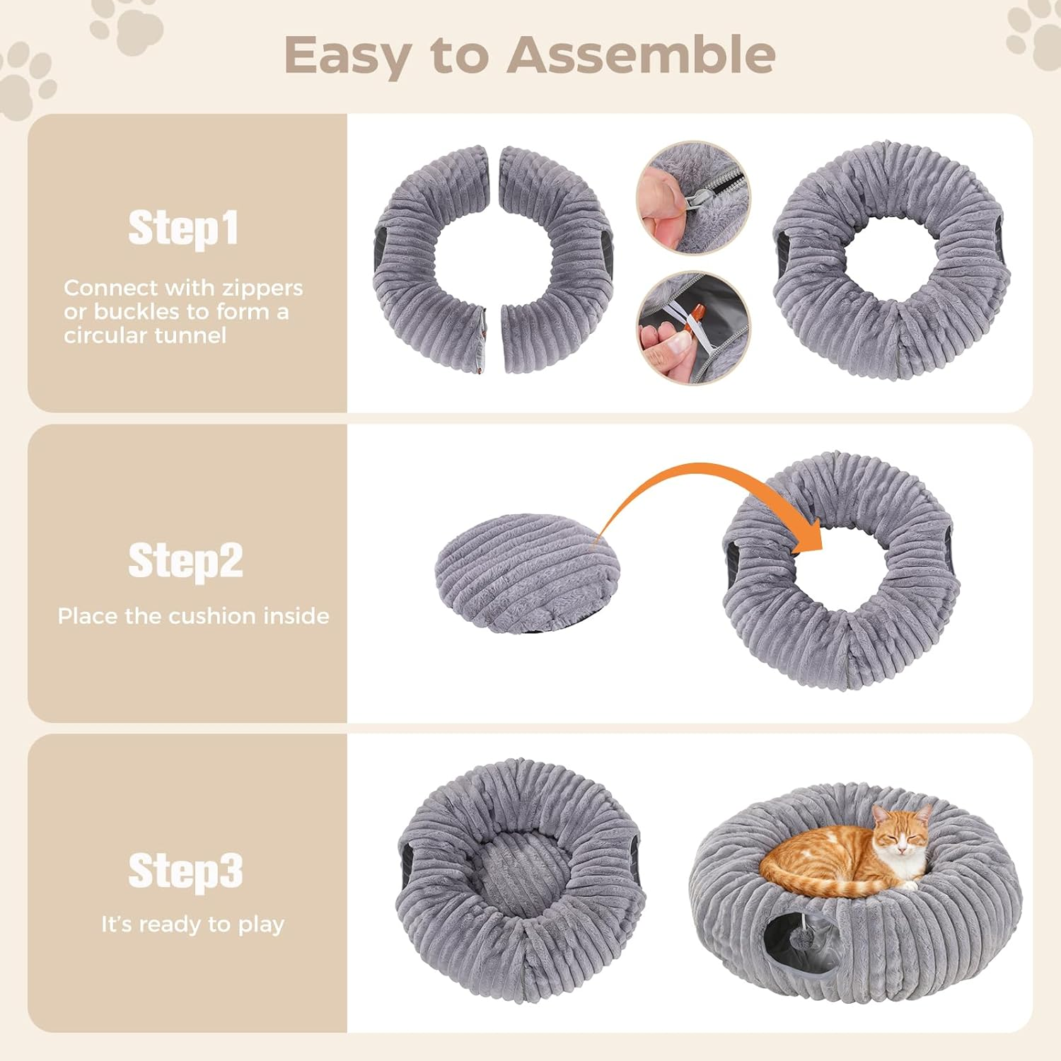 Avont Cat Tunnel Bed for Indoor Cats, Soft Plush Peekaboo Cat Bed Cave Donut Tunnels Tube, Playground Toys Hideout for Kittens Puppies Ferret -Grey - Grey image number 5