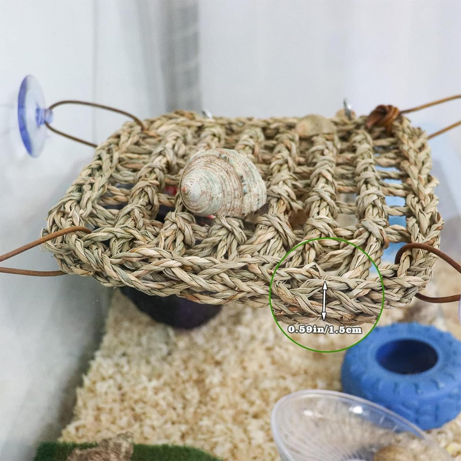 XUTONG Hermit Crab Climbing Toys, Seagrass Mat Lizard Hammock with Suction Cup, Natural Seagrass Woven Net, Tank Accessories for Small Reptiles Hermit Crab Lizard Hamster Guinea Pig Rats 7.1 X 7.1 In image number 3