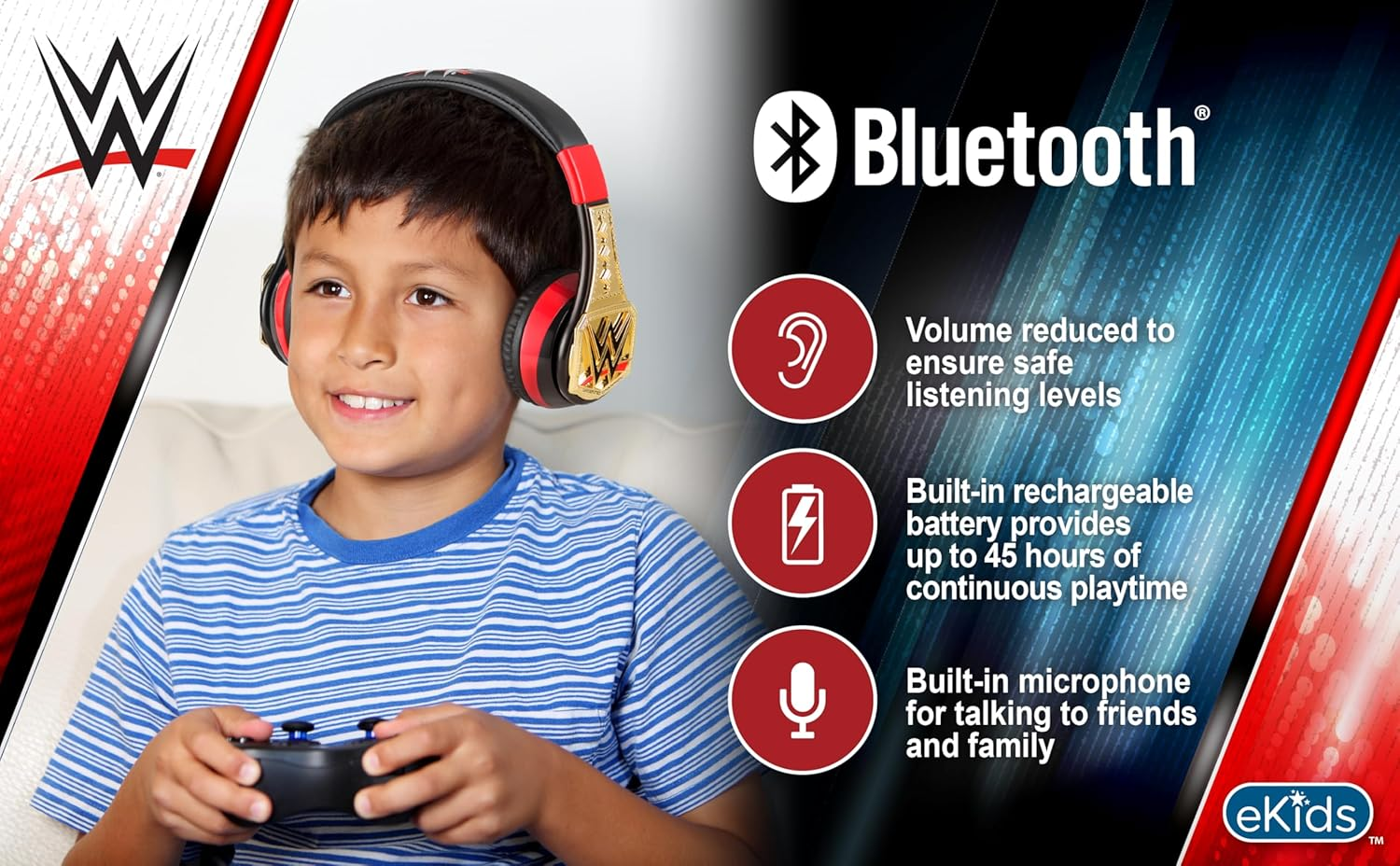 Ekids WWE Bluetooth Headphones, Wireless Headphones with Microphone Includes Aux Cord, Kids Earphones for School, Home, or Travel image number 2