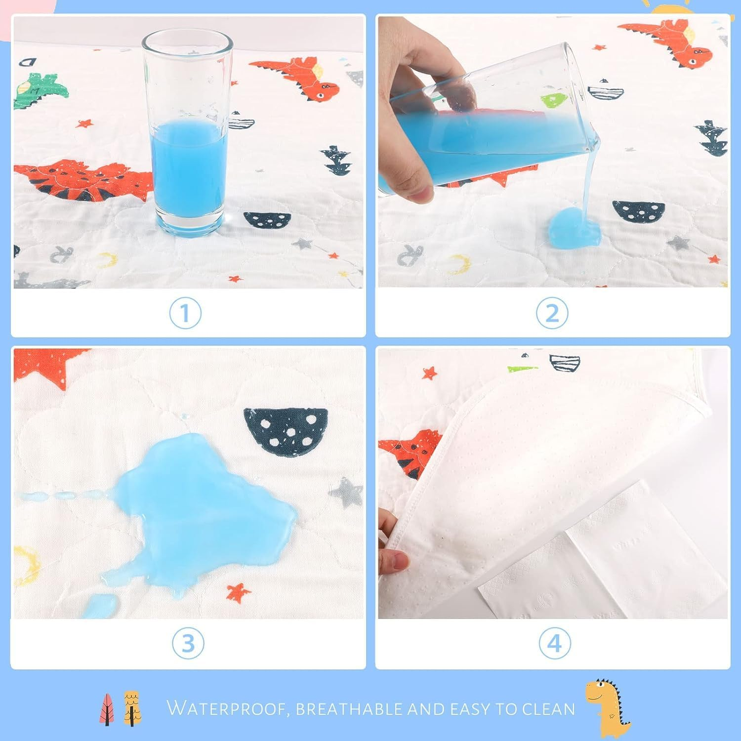 ZONEY 70 Cm * 90 Cm Potty Training Bed Pads, 5 Layers Material Waterproof Bed Wetting Mattress Protector, Bed Protector for Kids, Toddler Bed Wetting Sheets Mats Washable Fits Children (Dinosuar, S) image number 3