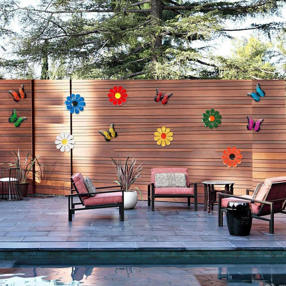 12 Pcs Garden Decor Including 6 Pcs Metal Flowers 6 Pcs Metal Butterflies Wall Art Decor Sunflower Daisy Hanging Ornament for Outdoor Backyard Christmas Fence Decor Indoor Living Room Bedroom image number 2