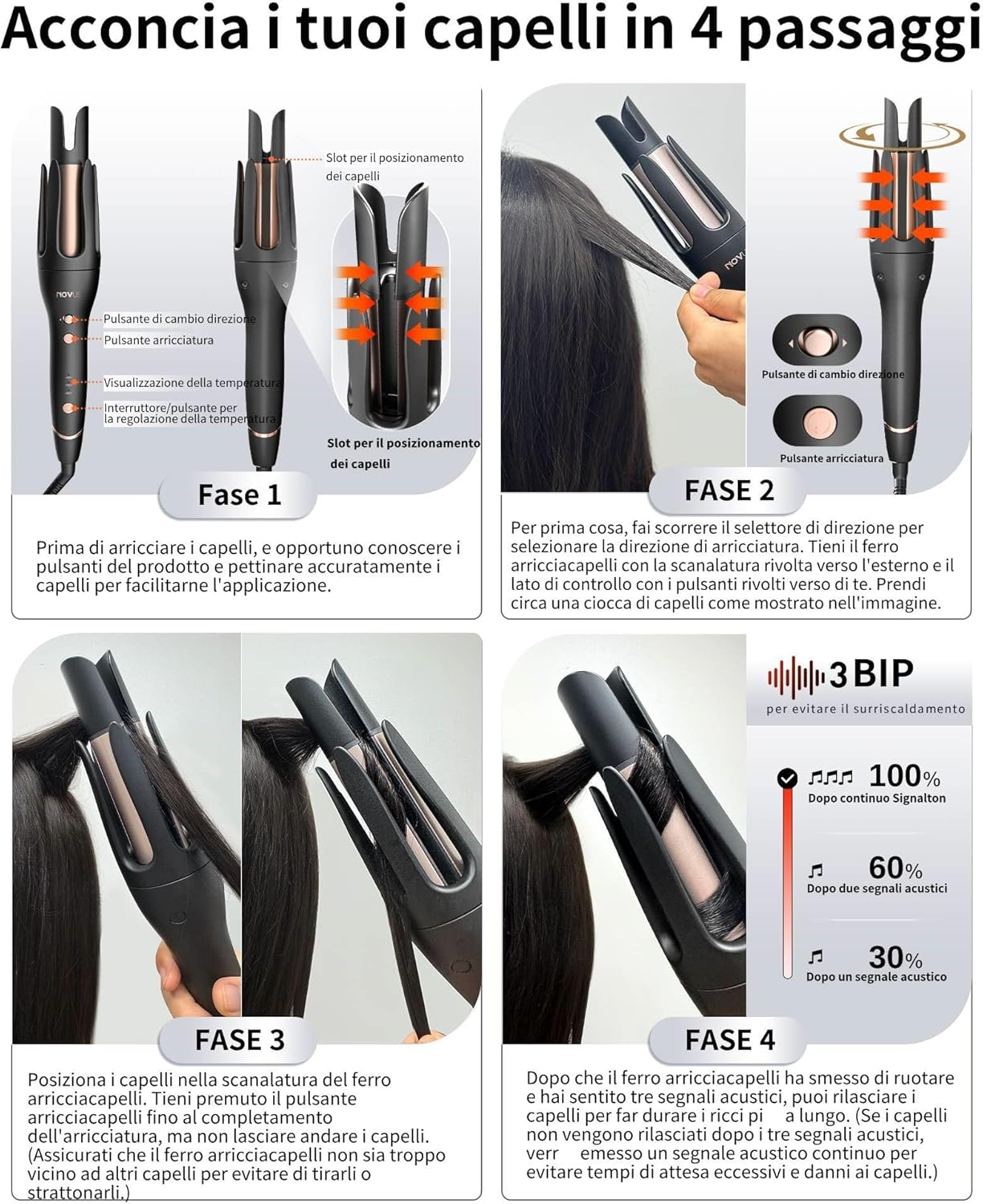 NOVUS Automatic Curling Iron, Rotating Anti-Scald Ceramic Curling Iron with Adjustable Steering, 3 Temperature Levels for All Hair Types image number 4