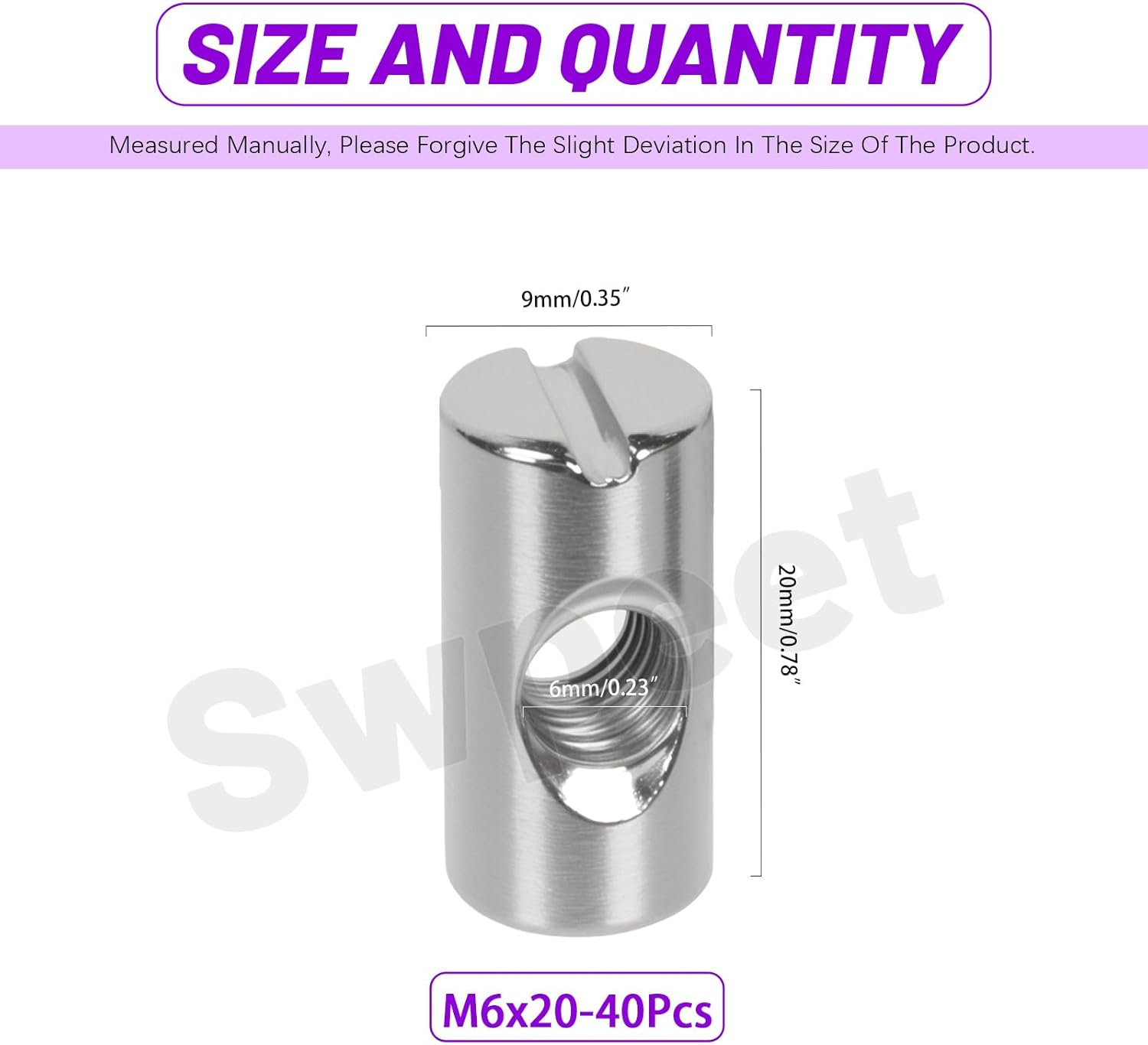 Swpeet 40Pcs Metric M6&times;20Mm Nickel Plated Barrel Nuts Kit,Cross Dowels Slotted Nut, Furniture Nuts Embedded Nut for Beds Crib Chairs Hardware Replacement image number 3