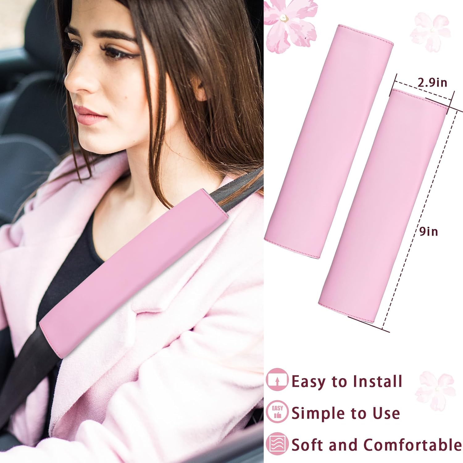 Frienda 10 Pcs Leather Steering Wheel Cover Set for Women 14.5-15 Inch Car Accessories with Seat Belt Shoulder Pad Seatbelt Cover Cup Holder Start Button Ring Sticker Air Vent Clip(Pink) image number 3