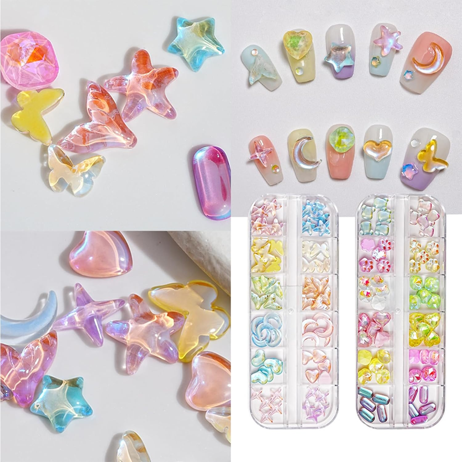 Dohocall 2 Boxes Mixed Shape Nail Rhinestone Nail Crystal Charms Nail Charms Butterfly Star Nail Art Charms Nail Art Decoration image number 1