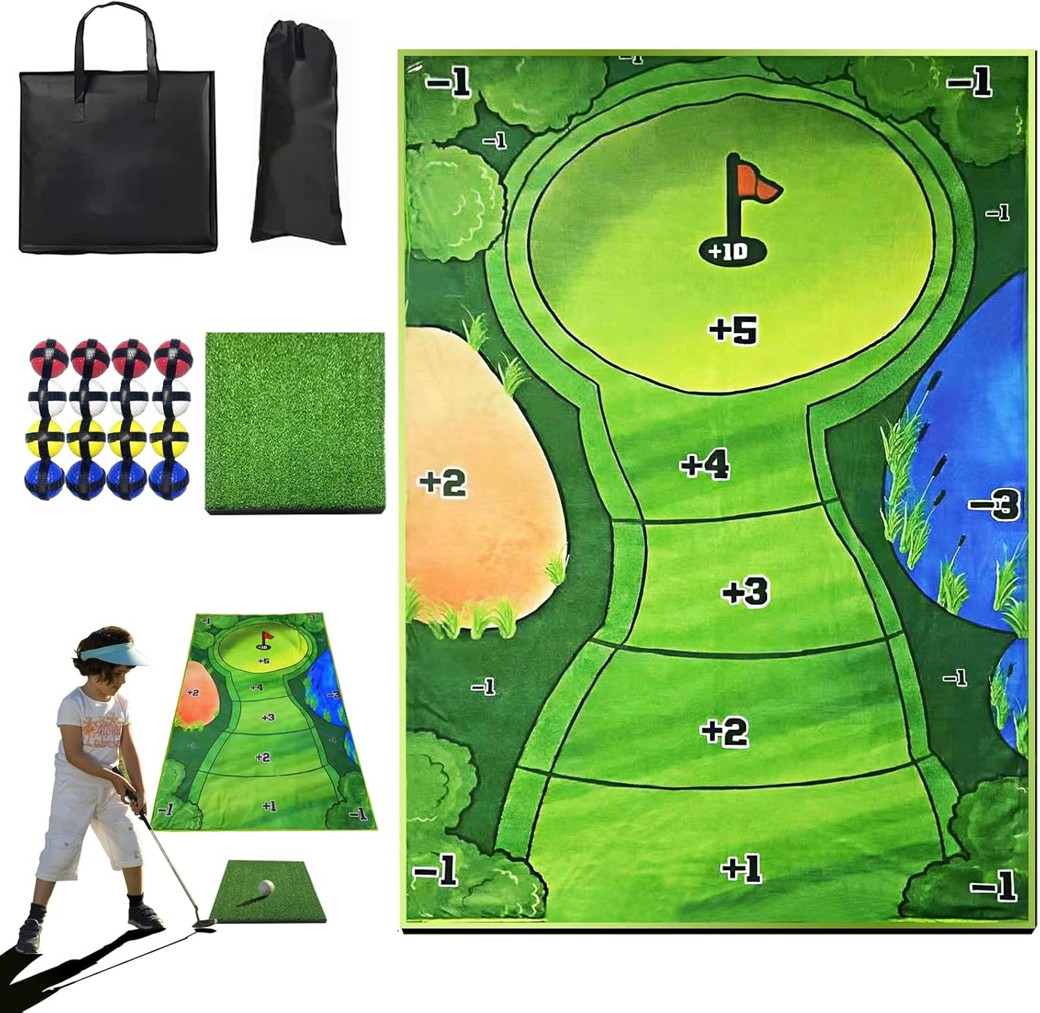 Wishrun HCBZVV Casual Golf Game Set - Includes 6X4 Ft Sticky Playing Mat, 16 Golf Balls,1 Chipping Mat, Carrying Bag -Mini Golf Game Home Office-Golf Gifts Adults Family Kids Outdoor Indoor Green