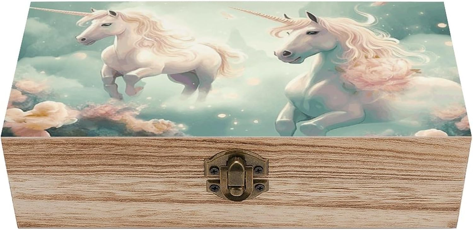 Unicorns Wooden Box Wood Wedding Keepsake Boxes with Lids Small Decorative Boxes Lightweight Wooden Memory Storage Box for Crafts Keepsakes Jewelry Photo Letter Storage image number 1