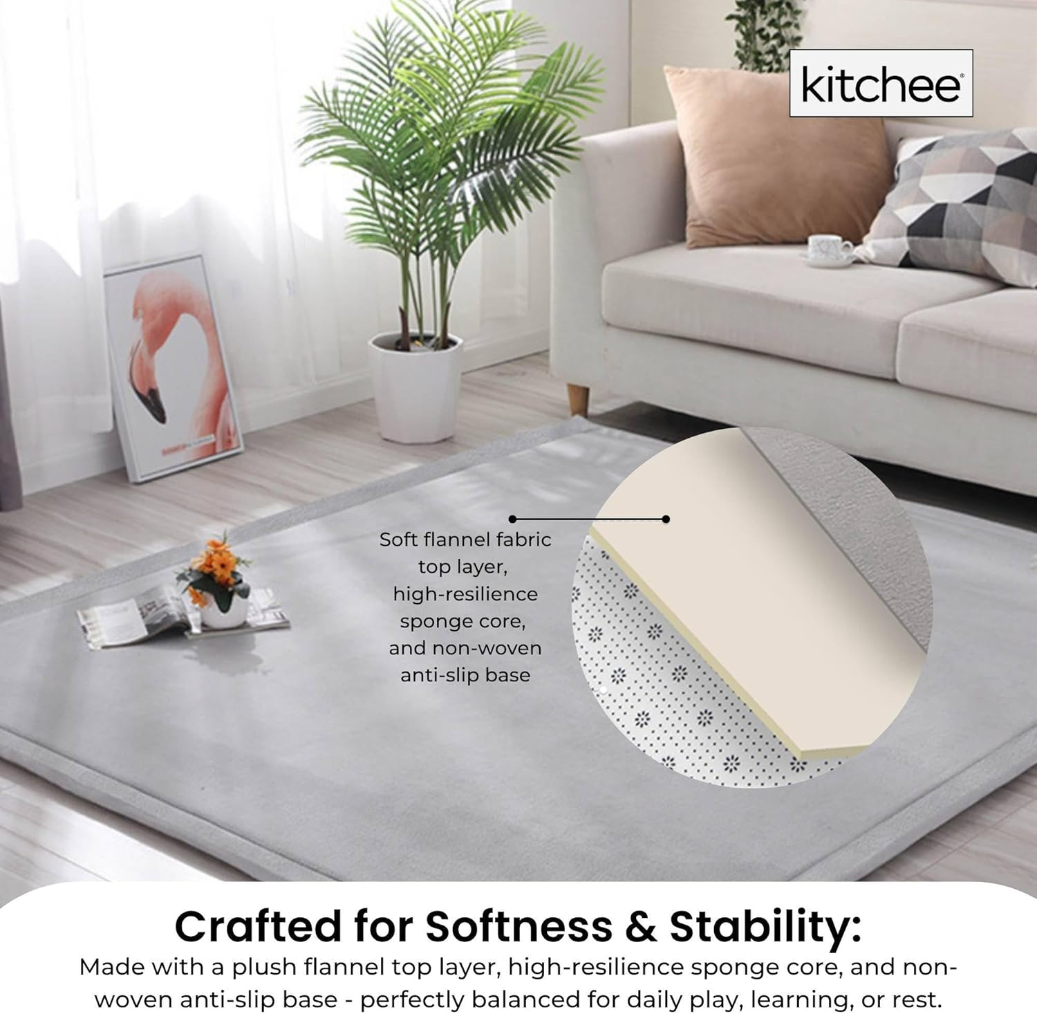 Kitchee Kids Foam Floor Play Mat 200X200Cm &ndash; Padded Thick Soft Tatami Style Grey image number 3