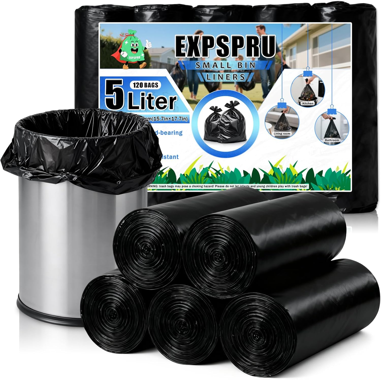 5L Bin Bags Small Trash Bags 1.2 Gallon Garbage Bags Bathroom Bin Liners,Strong Compost Bags,Black,120 Count image number 3