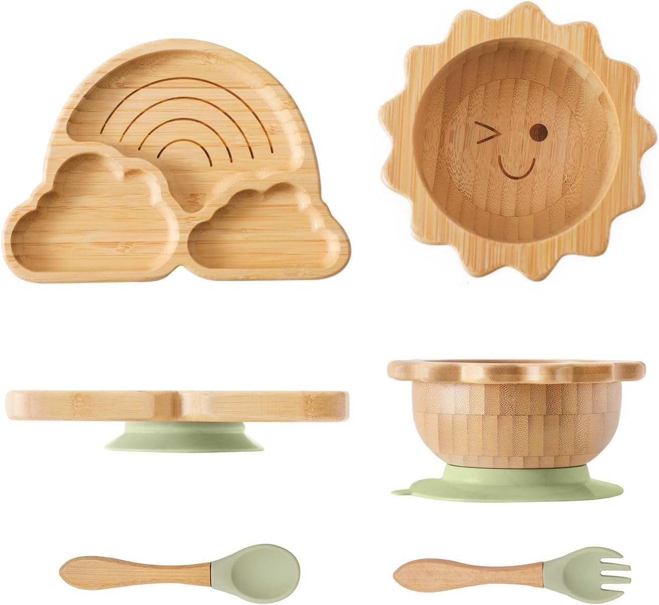 Bamboo Suction Plates Bowls Set for Baby Toddler Divided Platter Food Bowl with Silicone Fork & Spoon All-Natural Kids Feeding Set for Baby-Led Weaning, Non-Slip Design