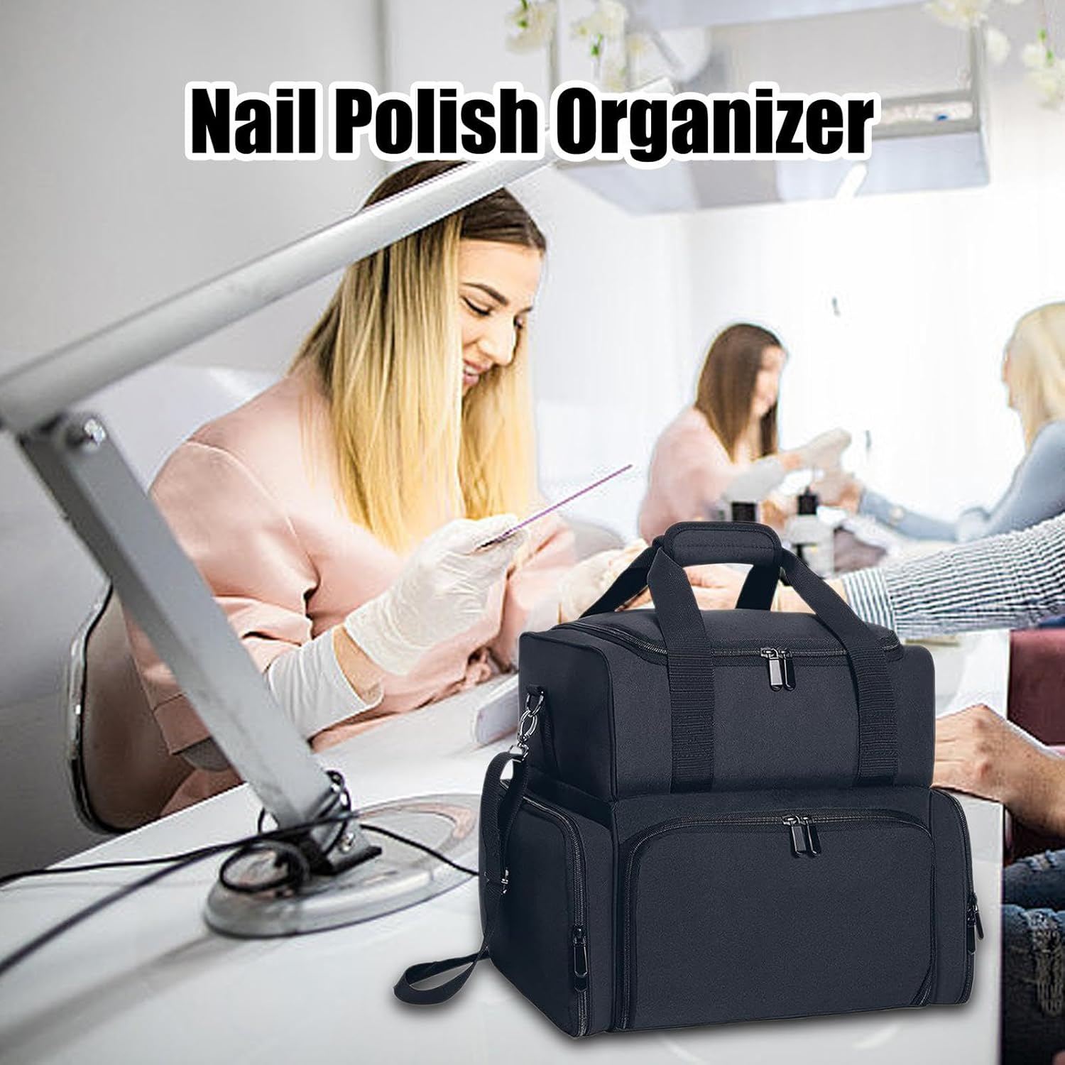 Frxib Nail Polish Organizer Bag | Cosmetics Nail Kit Bag,Travel Carrying Case, Women'S Nail Lamp Kit Bag Holds 70 Bottles with Holder & Shoulder Strap for Nail Stuff & Tools image number 6