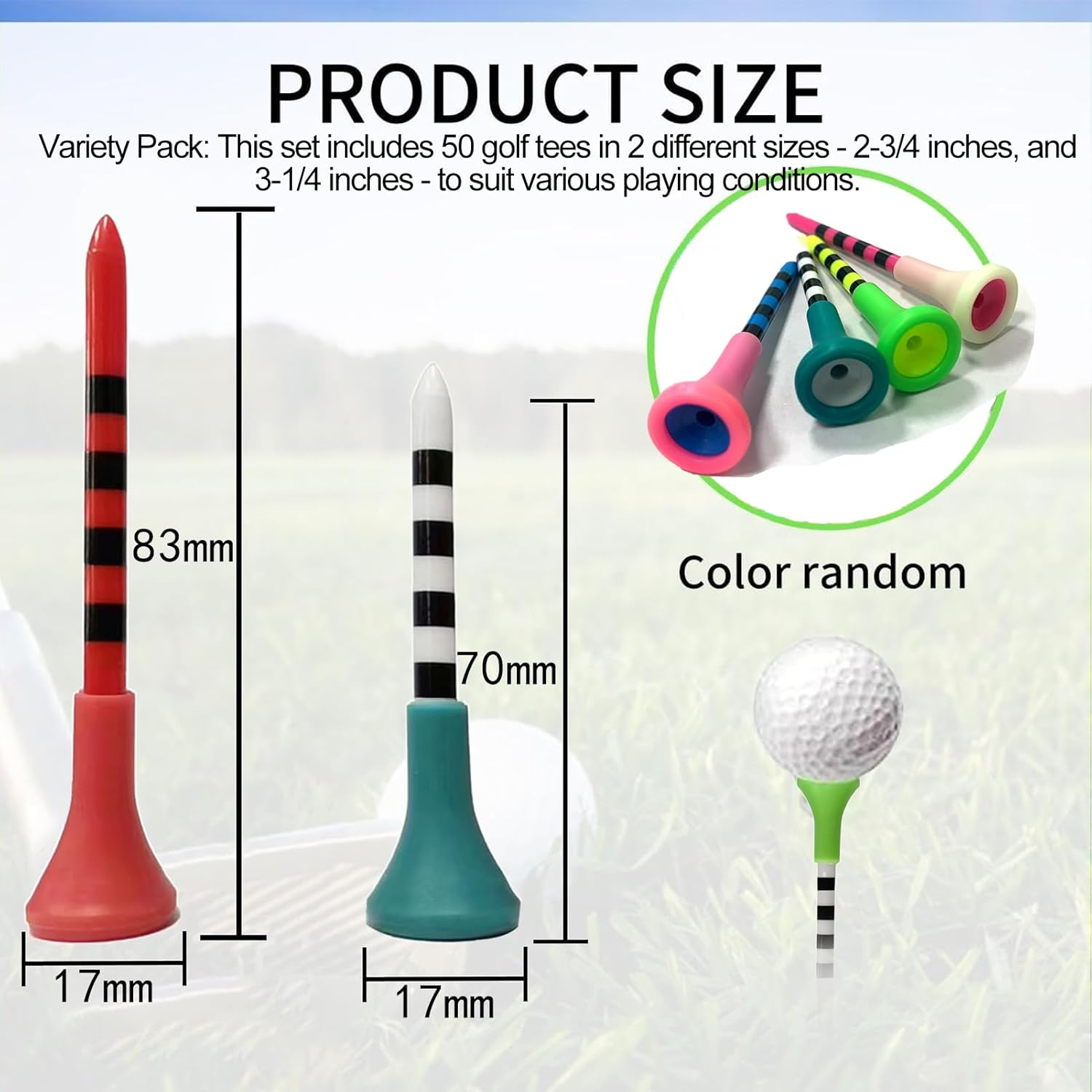 Professional Plastic Golf Tees, 50 Pack, 2 Sizes (3-1/4Inch ，2-3/4Inch), Mixed Colours image number 6