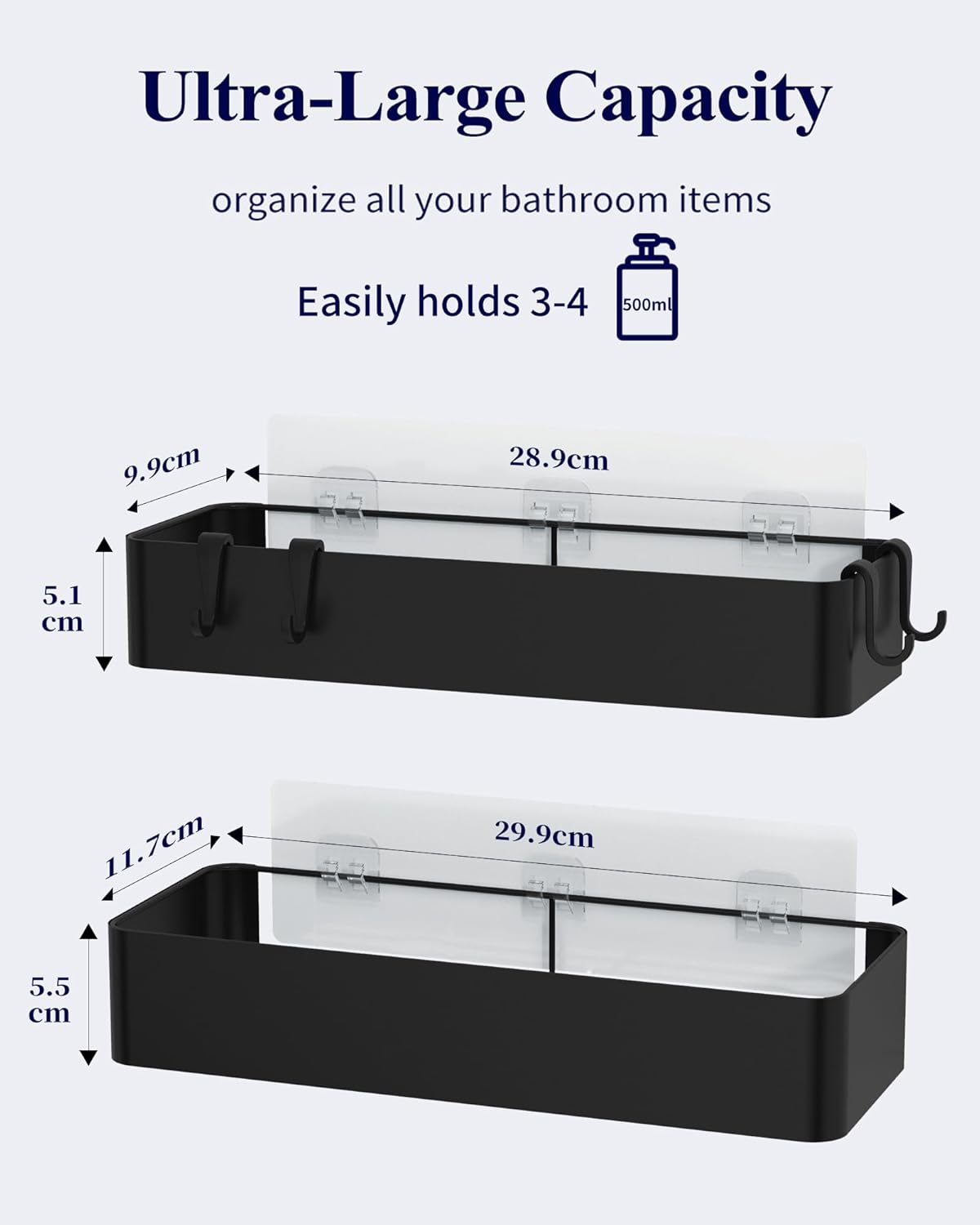 Kitsure Large Shower Caddy - 2 Pack Adhesive Shower Shelf, No Drill Bath Caddy for Bathroom Storage, Rustproof Bathroom Organiser, 11.7 X 29.9 X 5.5 Cm, Black - White image number 3