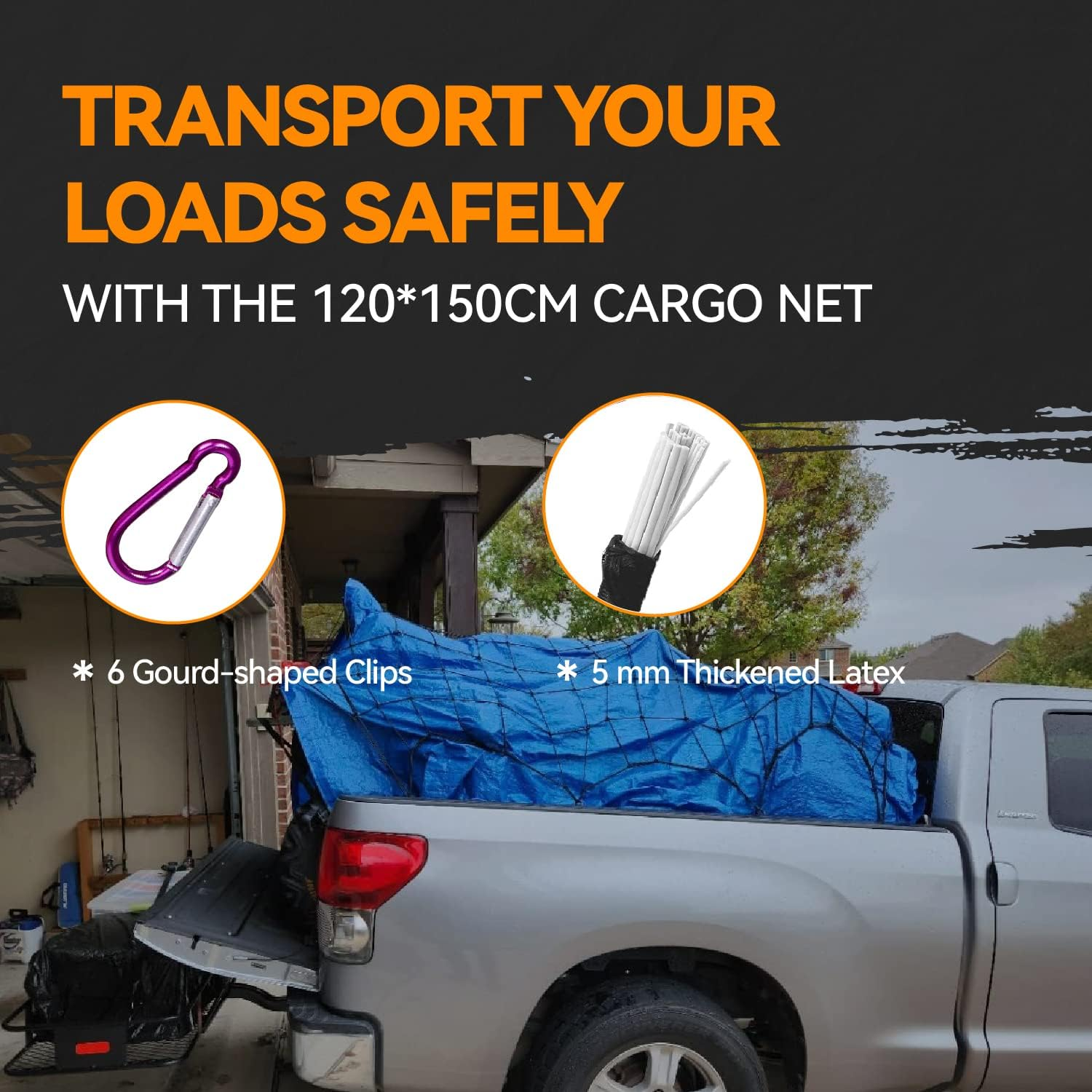 120 * 150Cm Cargo Net for Pickup Truck Bed, New Upgraded 14 Thickened ABS Hooks, Large Adjustable Elastic Heavy Duty Latex Net Stretches to 300 * 380Cm image number 5