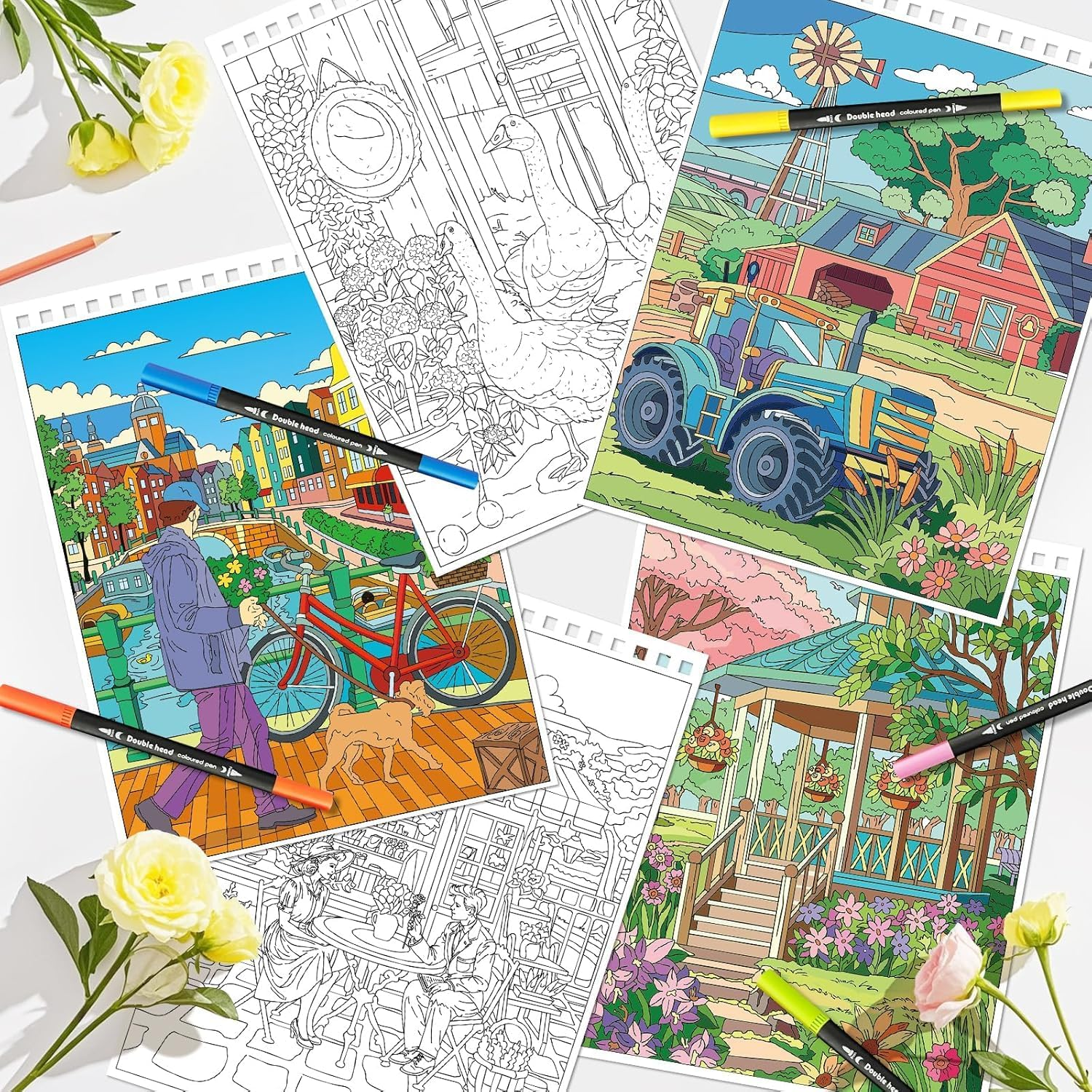 OSIMIG Adult Colouring Books Set, 3 Themes for Country Gardens, Country Scenes Farm & City Sights, Colouring Books for Adults to Relax and Relieve Anxiety, 60 Patterns Top Spiral Bound