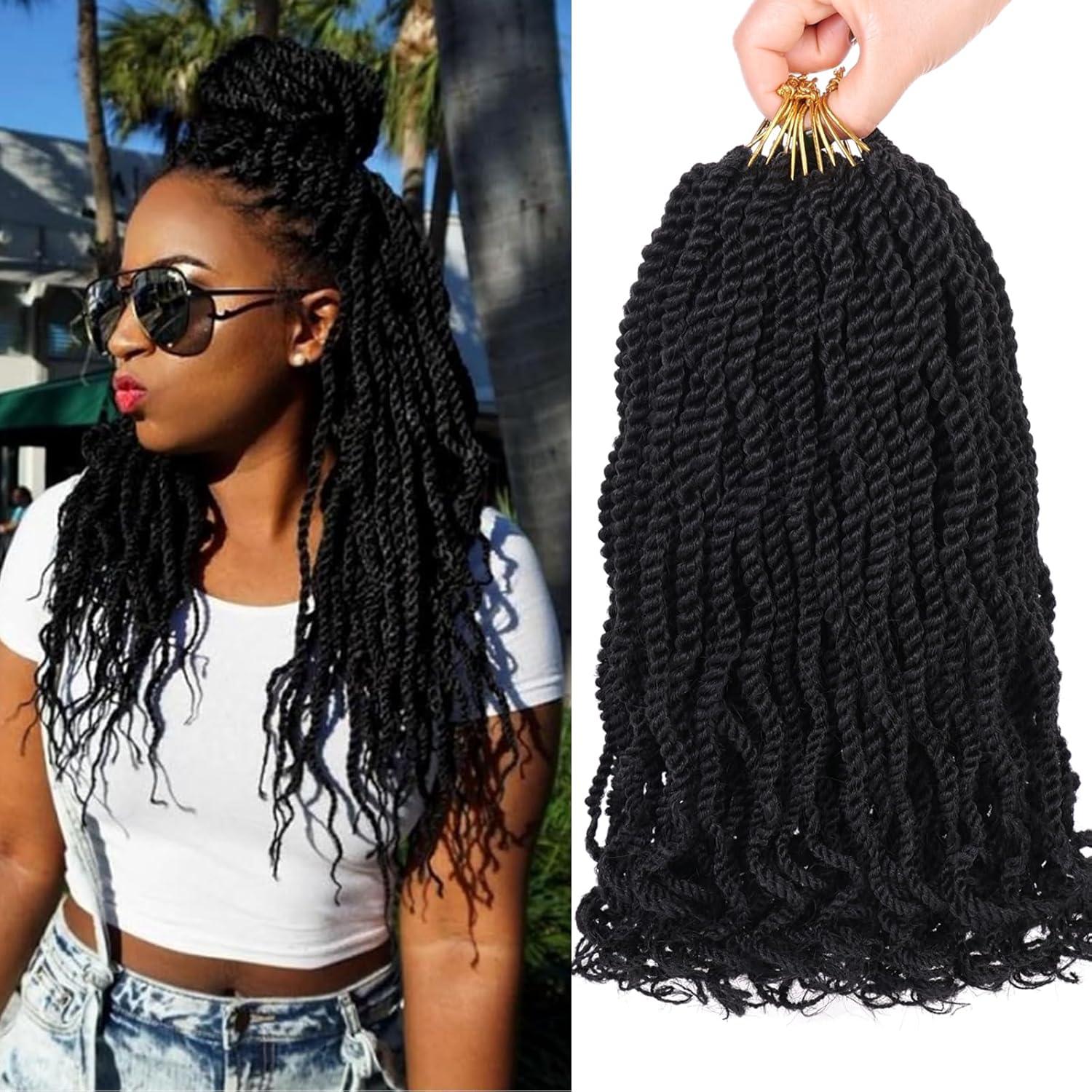 Mscat 14 Inch Wavy Senegalese Twist Crochet Hair, 8 Pack Synthetic Short Pre Looped Kids Crochet Braids with Curly Ends, Pre Twisted Small Havana Twist Braiding Hair for Black Women 1B#