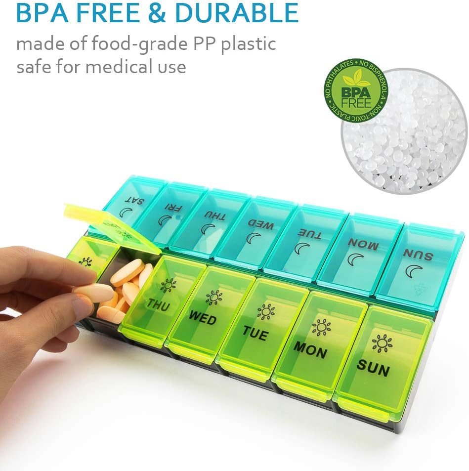 Mossime XL Large Daily Pill Organizer 2 Times a Day, Extra Jumbo 7 Day Pill Box Am Pm, Weekly Day Night Vitamin Holder, Medicine Organizer, Big Pill Container, Medication Dispenser 14 Compartments - Blue+Green image number 6