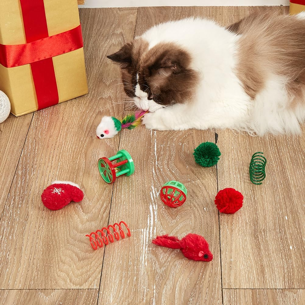 Christmas Cat Toys Set 9 Pcs Cat Interactive Toys for Indoor Including Mice Toy Bells for Cat Cats Catnip Feather Teaser Ball Toys Springs and Christmas Gloves Toys Gift for Cat and Puppy Kitty image number 3