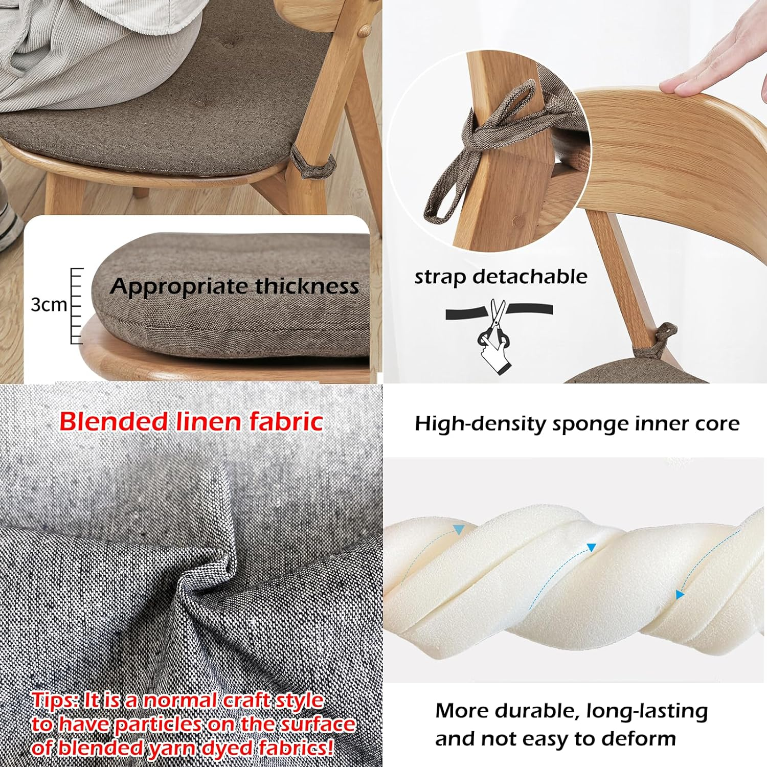 Chair Cushions for Dining Chairs 4 Pack, Dining Kitchen Chair Pads with Ties, Cushion for Dining Room Non Slip, Indoor Dining Chair Cushions Pad 43X41 Cm (Beige) - Beige image number 2