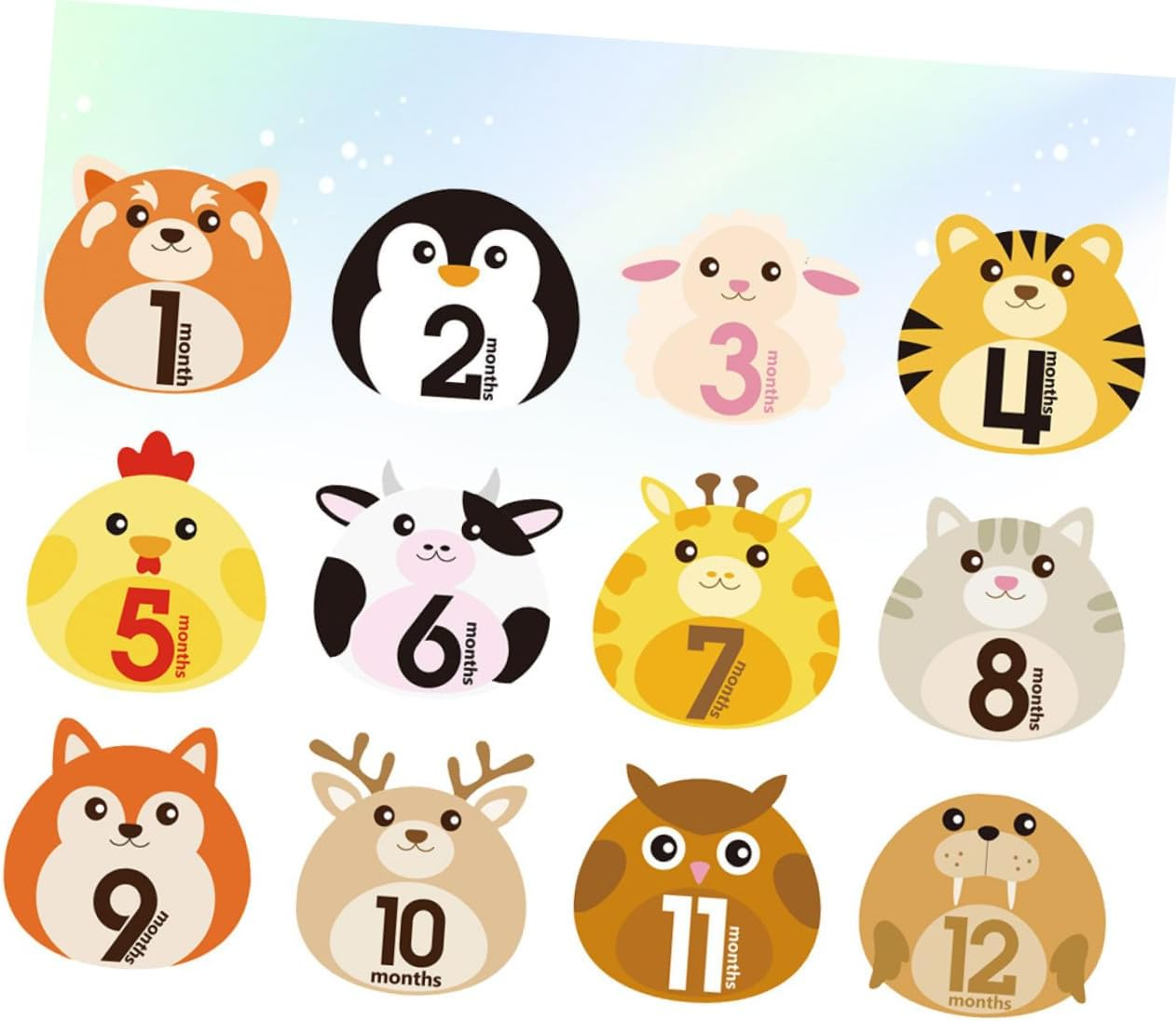 GALPADA 12 Sheets Animal Design Monthly Milestone Stickers Self-Adhesive Decals for Newborns Reusable Belly Stickers for Memorable Photo Albums image number 5