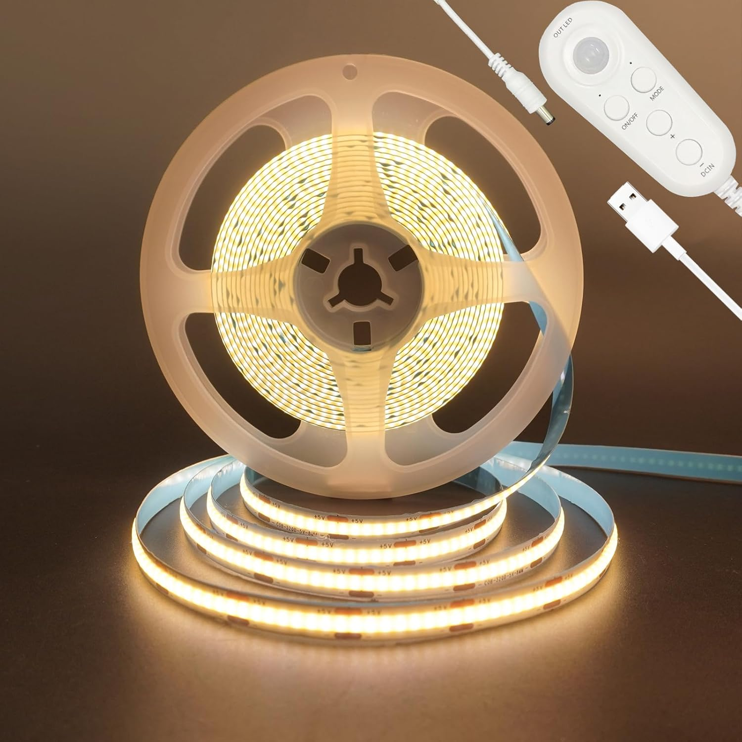 Clearhill 5V USB Motion Sensor Dimmable Flexible LED Strip Lights,9.84Ft/3M,Cool White 6500K Bright Lights,8Mm Width,320Leds/M,Not Waterproof IP 20,For Closet Light Bedroom Cabinet Stair