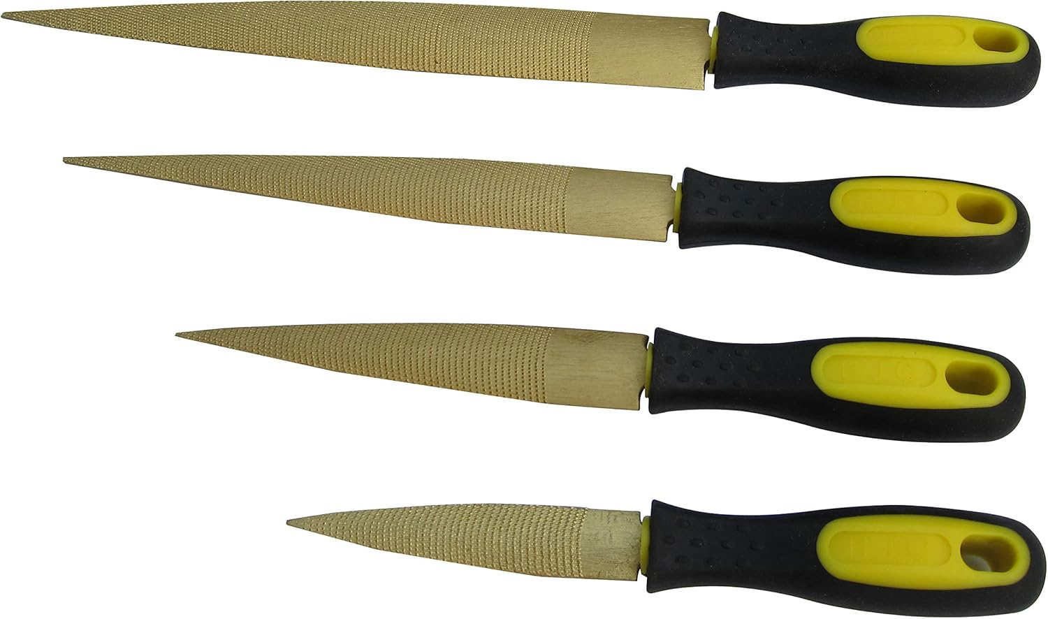 Golden Wood Rasp 4Piece Set, Fine Coarse Cut, 4"-6"-8"-10", Tapered Rasp for Wood, Leather, Soft Metals, Soft Plastic, Big Comfort Massage Handle Grip, Quality High Carbon Steel Rasp File 4-Pack