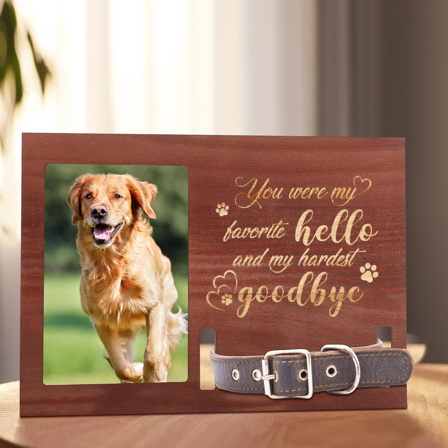 Amyhill Dog Memorial Picture Frame Wooden Personalized Pet Collar Picture Frame Pet Memorial Gifts for Loss of Dog Cat Remembrance Gift Sympathy Photo Keepsake image number 1