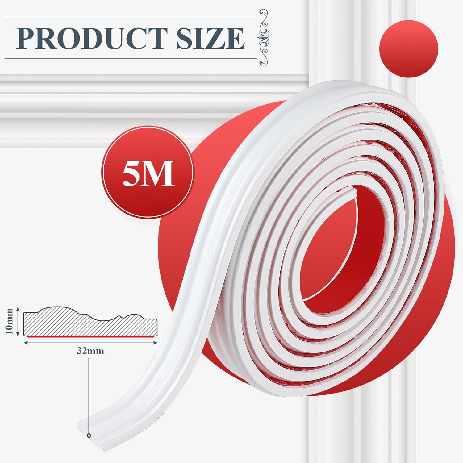 EFUTURETIME 5 Metre Self-Adhesive Wall Strips, 32 Mm Wide, Glossy Trim, Stucco Moulding Wall for DIY, Decoration, Mirrors, Picture Frames, Cabinets, White, Model YT155 image number 4