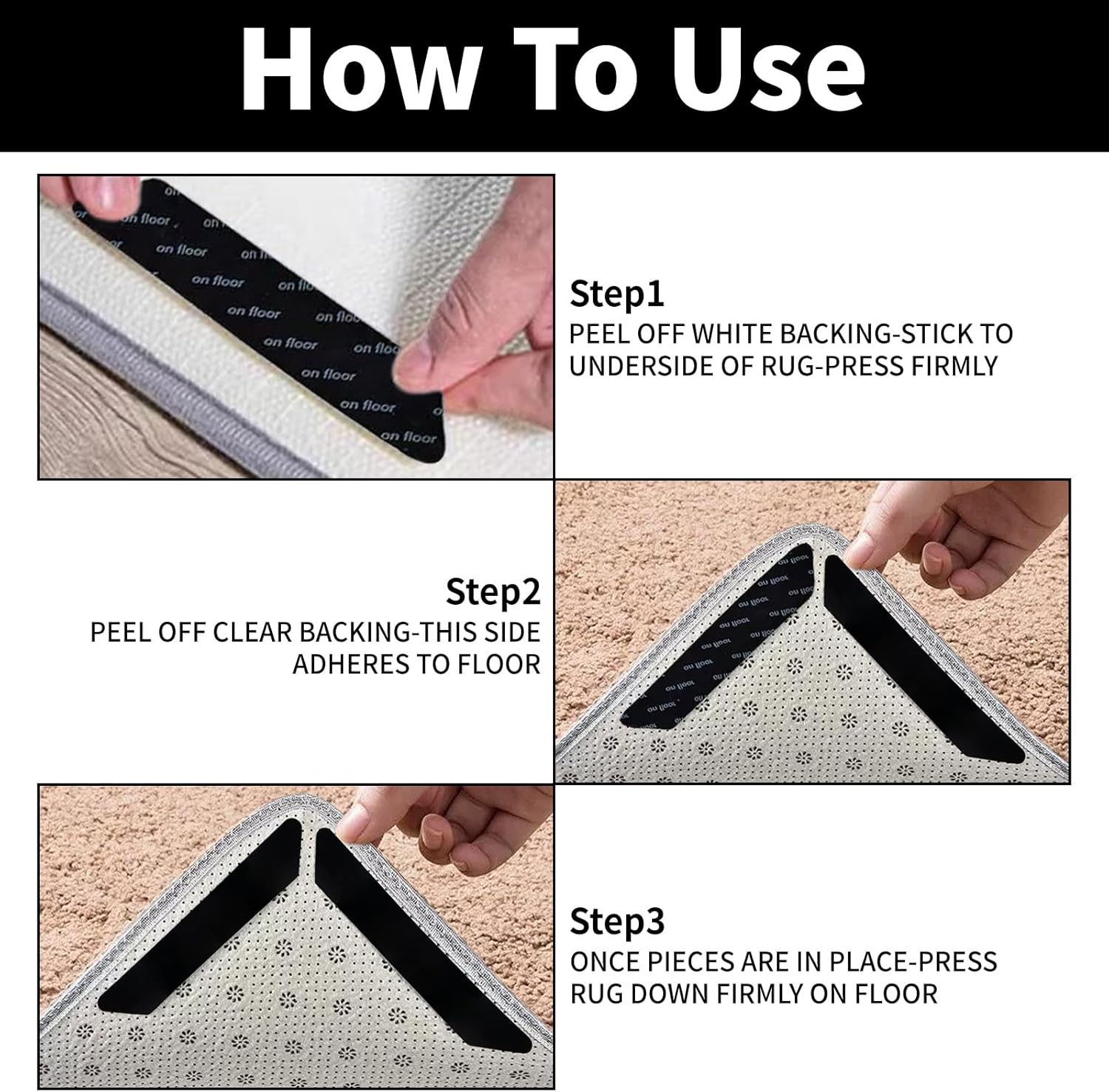 16Pcs Rug Carpet Non Slip Grippers, Reusable Rug Gripper for Hardwood Floors, Rug anti Slip Grips, Keep Corners Flat, Removable(Black) image number 1