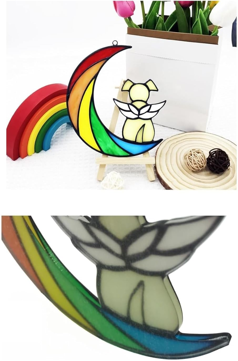 White Dog Stained Glass Window Hanging,Dog Suncatcher for Window, Sun Catchers Indoor Window for Dog Lovers,Cute Puppy on Moon Decor,Rainbow Bridge Pet Memorial (Style1, One Size)
