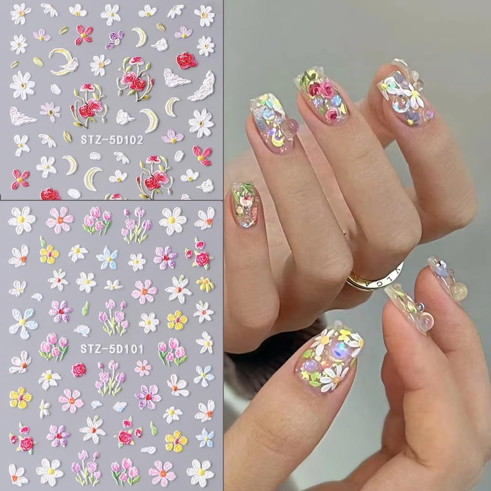 Nail Stickers Self-Adhesive 5D Flowers Nail Art Stickers Pink White Wild Flowers Spring Flowers Nail Sticker 3D Nail Design DIY Manicure Decoration (2 Sheets) image number 6